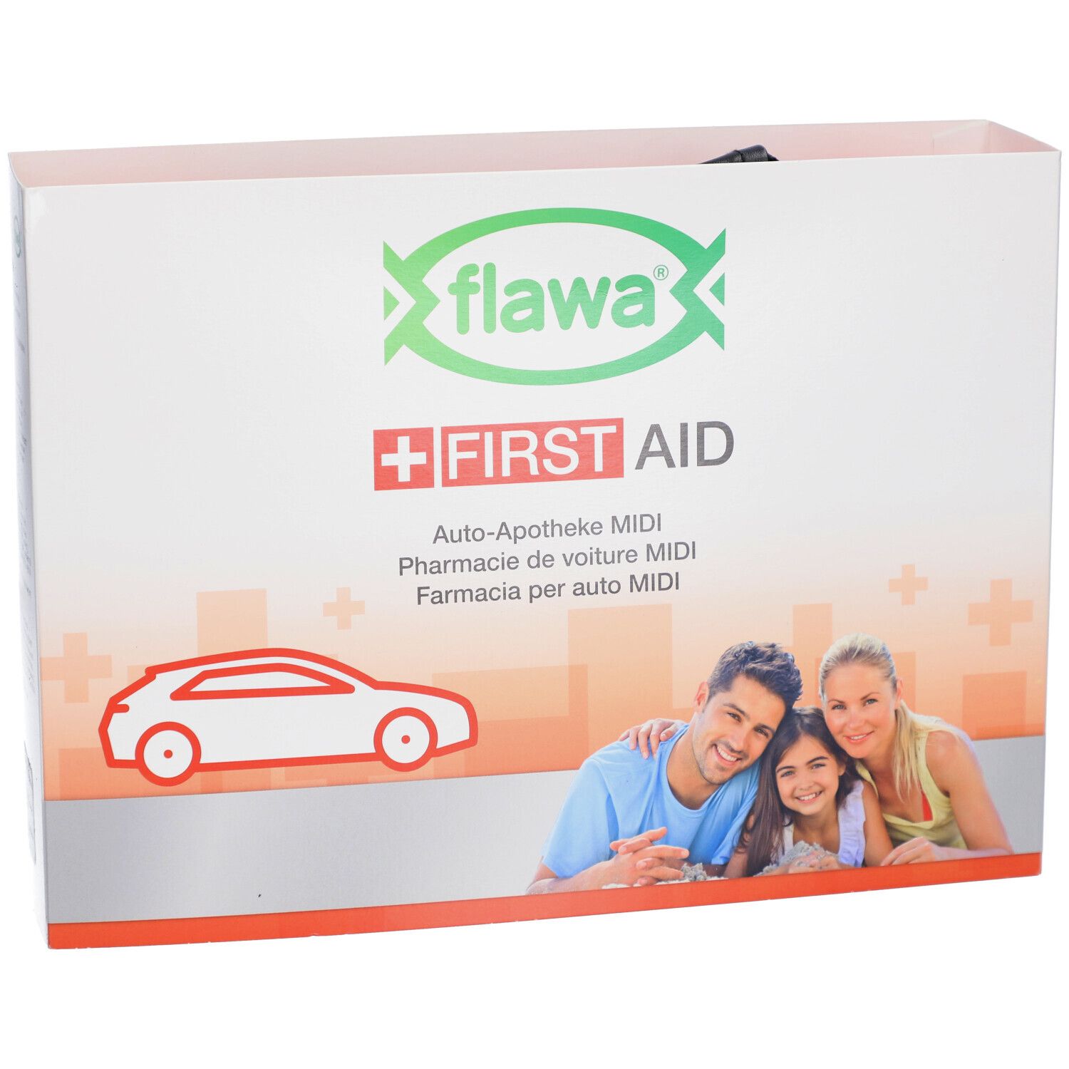 Emballage de la trousse de premiers secours MIDI flawa. Boîte blanche avec logo, texte et photo de famille. Symbole croix rouge.