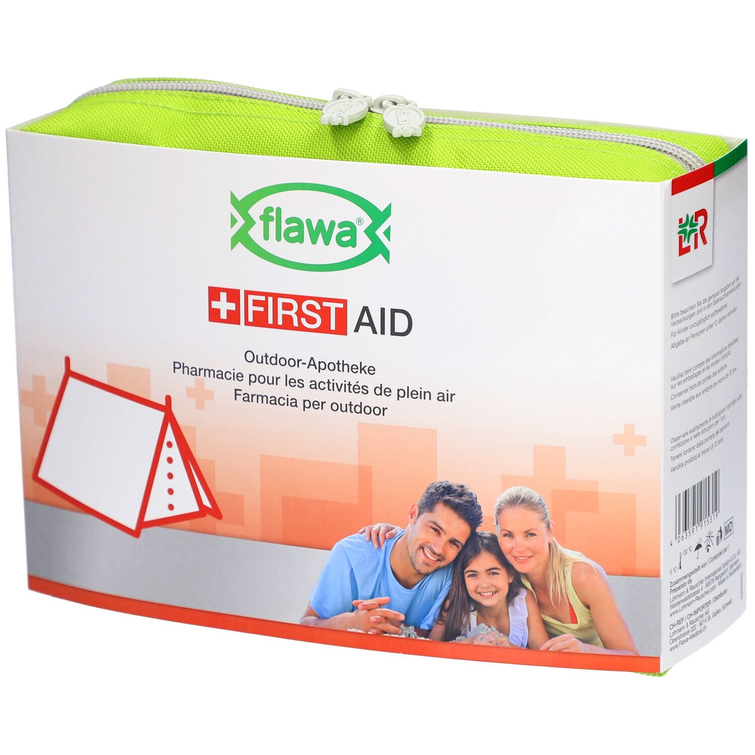 Groene tas met rits en opdruk. Bevat het logo en de tekst "FIRST AID".