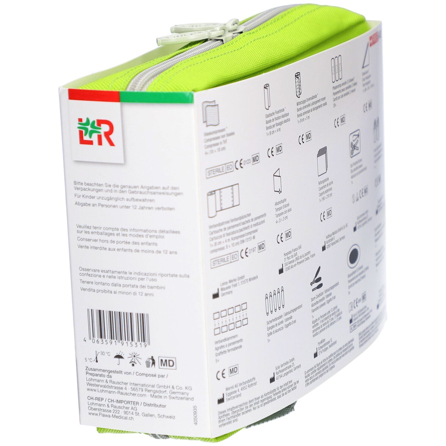 Verpakking met groene rits. Bevat pictogrammen van medische artikelen en CE-markering.