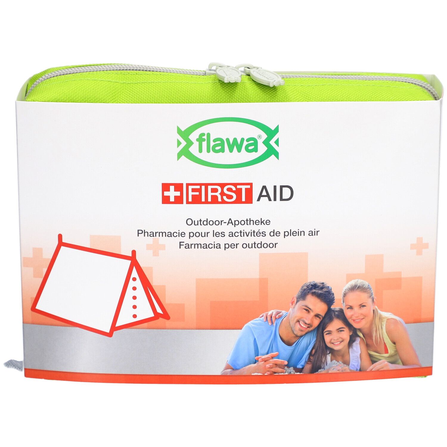 Groene tas met rits en opdruk. Bevat logo, tekst en afbeelding van een gezin.