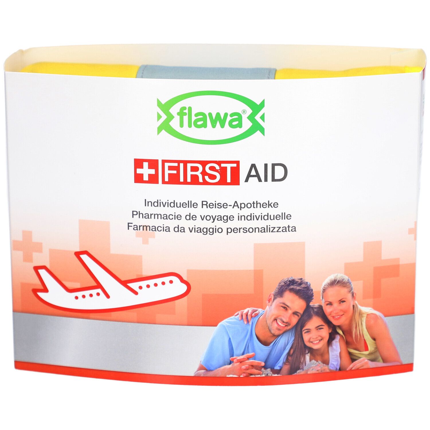 Verpakking van de FLAWA reisapotheek. Wit, geel en groen. Bedrukt met logo, tekst "FIRST AID" en familie.