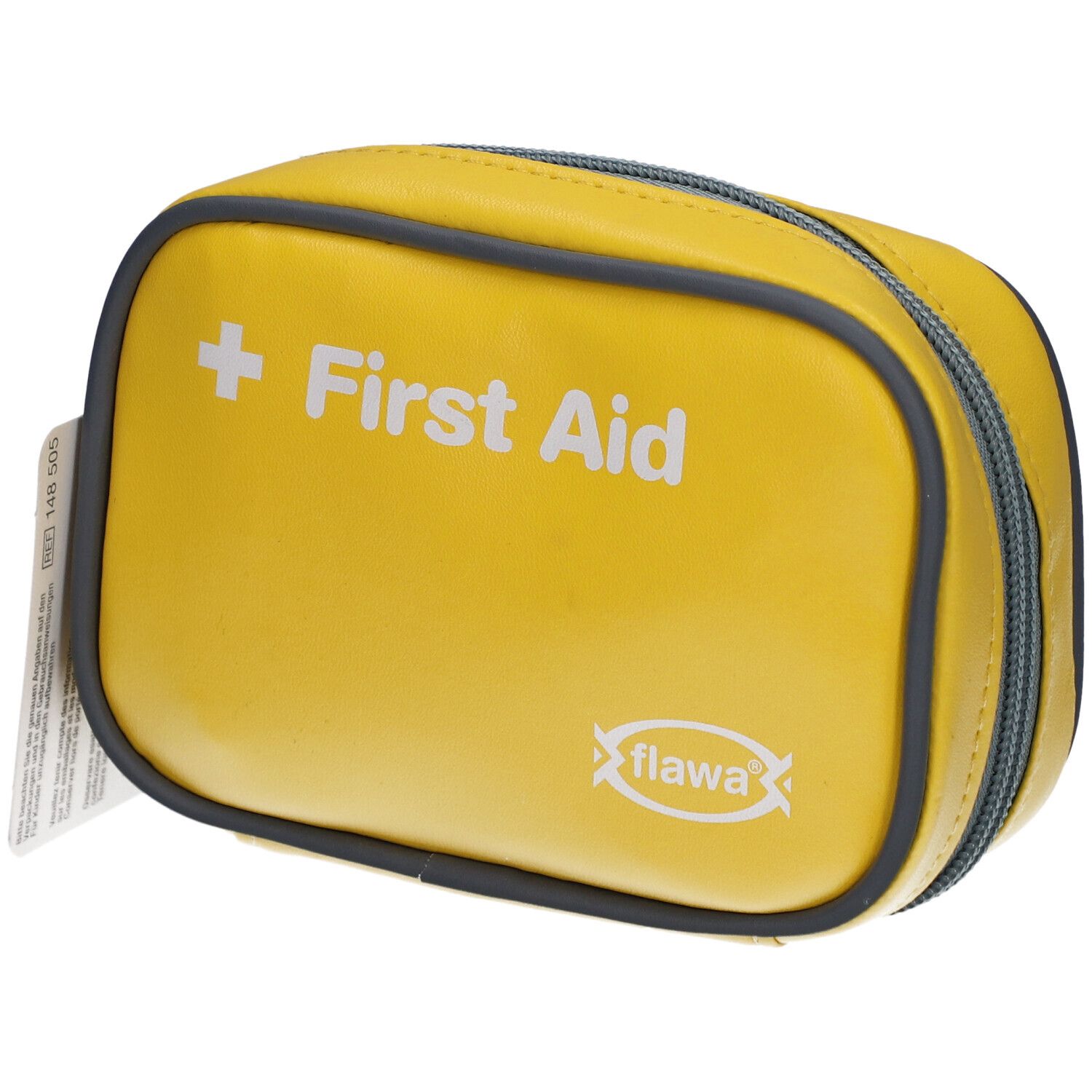 Trousse de premiers secours jaune avec fermeture éclair et bord gris. Inscription "First Aid" et logo "flawa".