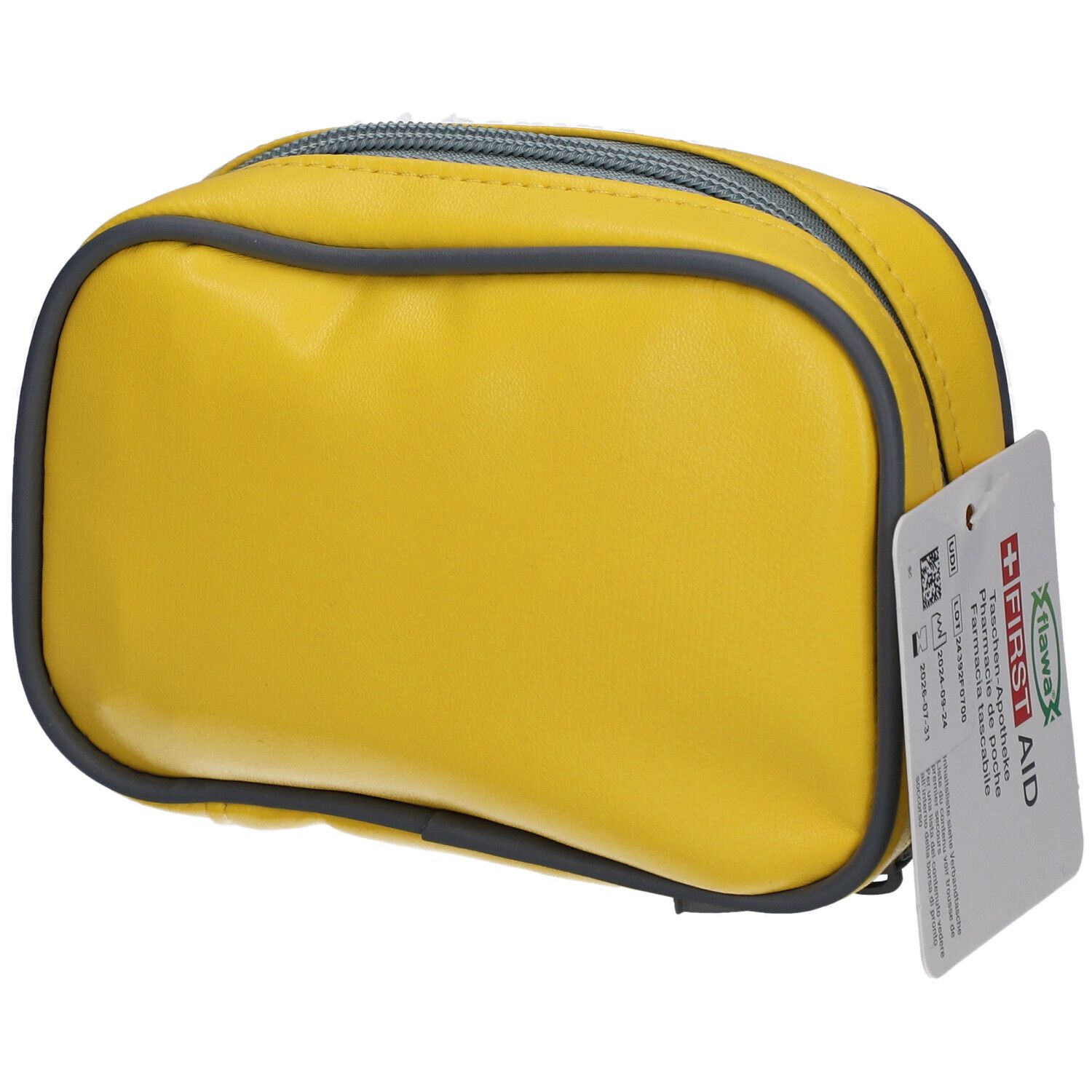 Trousse de premiers secours jaune avec fermeture éclair et bord gris. Étiquette avec texte. Inscription "First Aid" et logo "flawa".
