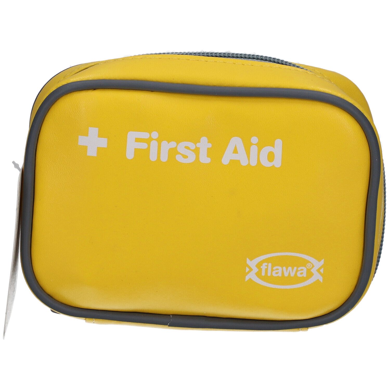 Trousse de premiers secours jaune avec fermeture éclair et bord gris. Inscription "First Aid" et logo "flawa".