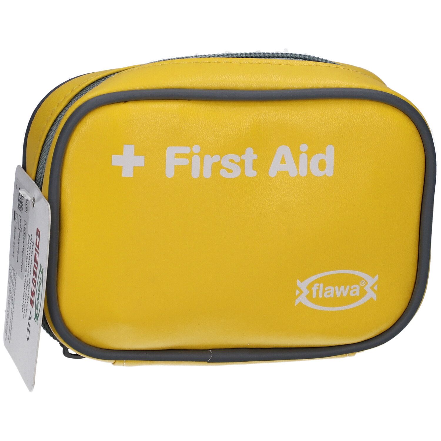 Trousse de premiers secours jaune avec fermeture éclair et bord gris. Étiquette avec texte. Inscription "First Aid" et logo "flawa".