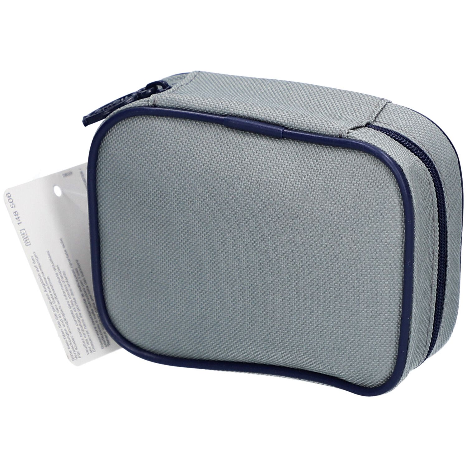 Trousse de premiers secours grise avec fermeture éclair et bordure bleues. Étiquette avec texte. Logo "flawa".