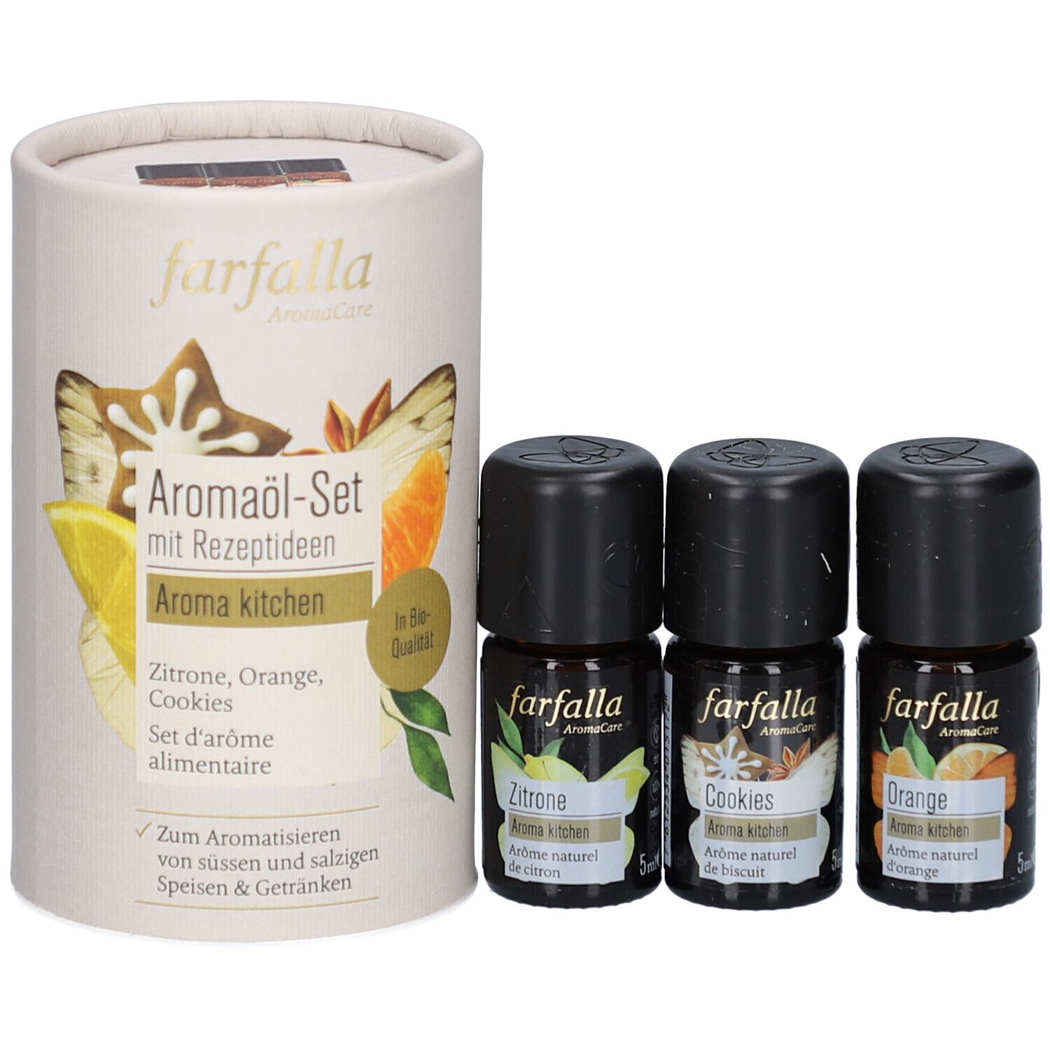 Aroma-olie set met recepten. Bevat drie kleine flesjes en een ronde kartonnen verpakking. Opschrift: farfalla AromaCare.