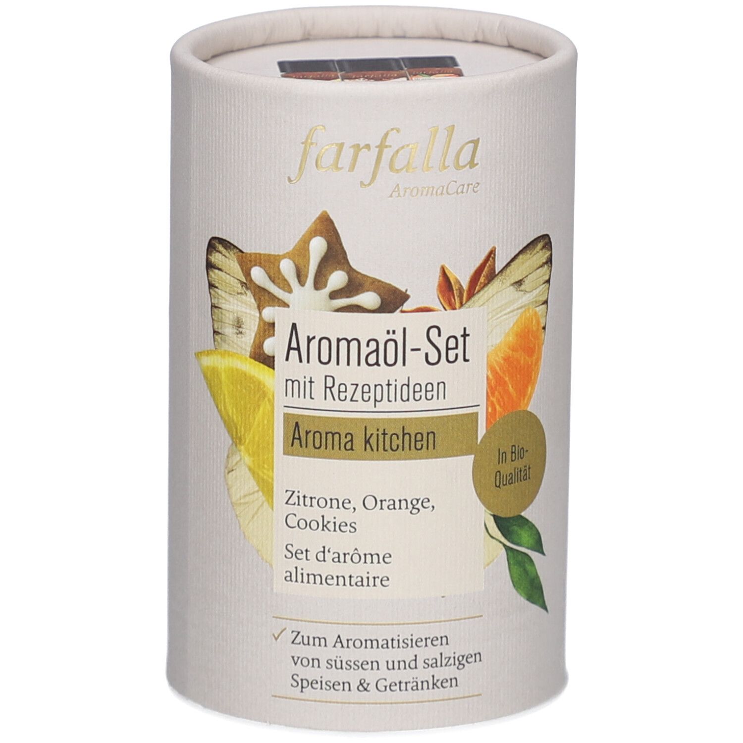 Ronde kartonnen verpakking. Opschrift: farfalla AromaCare, Aroma-olie set met recepten, Aroma kitchen. Bio-kwaliteit.
