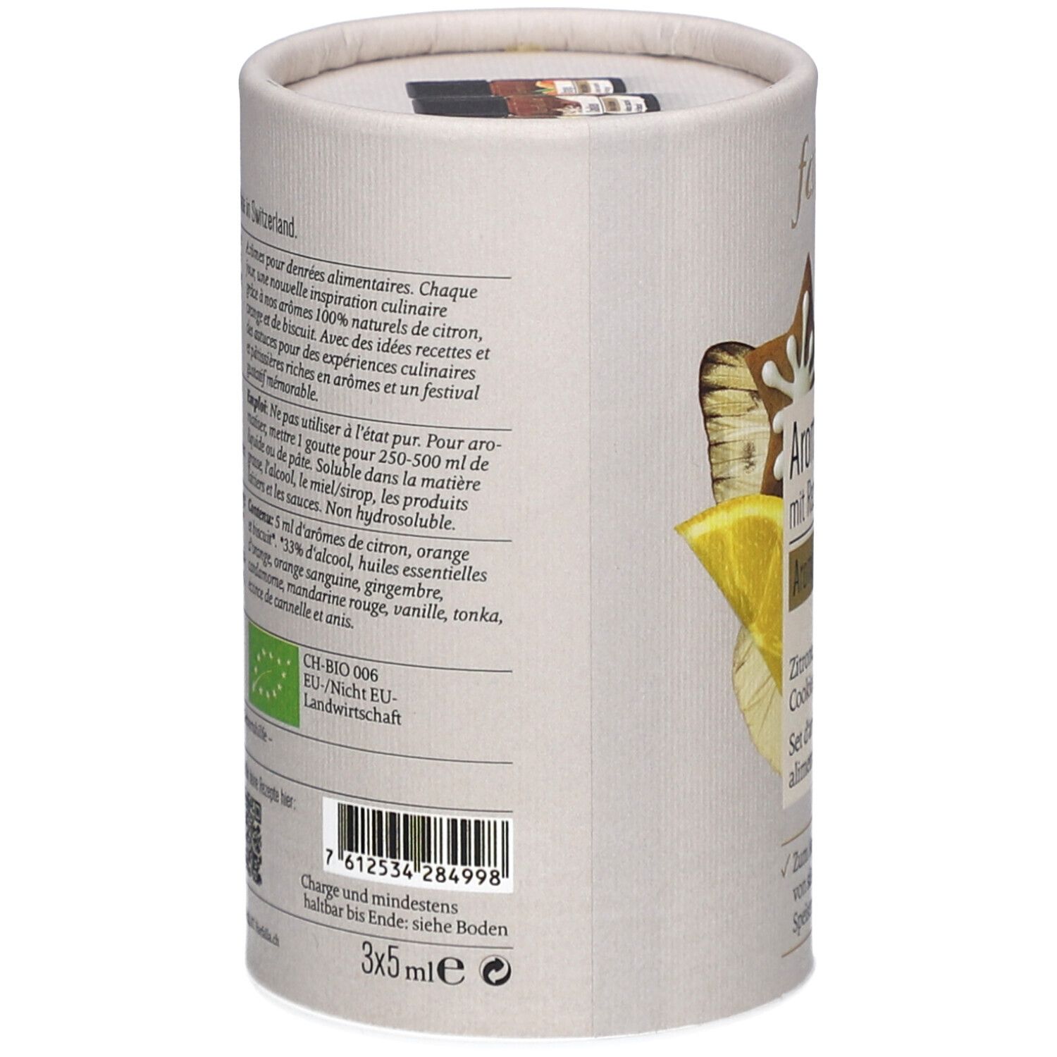 Ronde kartonnen verpakking, achterkant. Tekst en logo's. Opschrift: farfalla, bio-label, 3x5ml. Barcode.