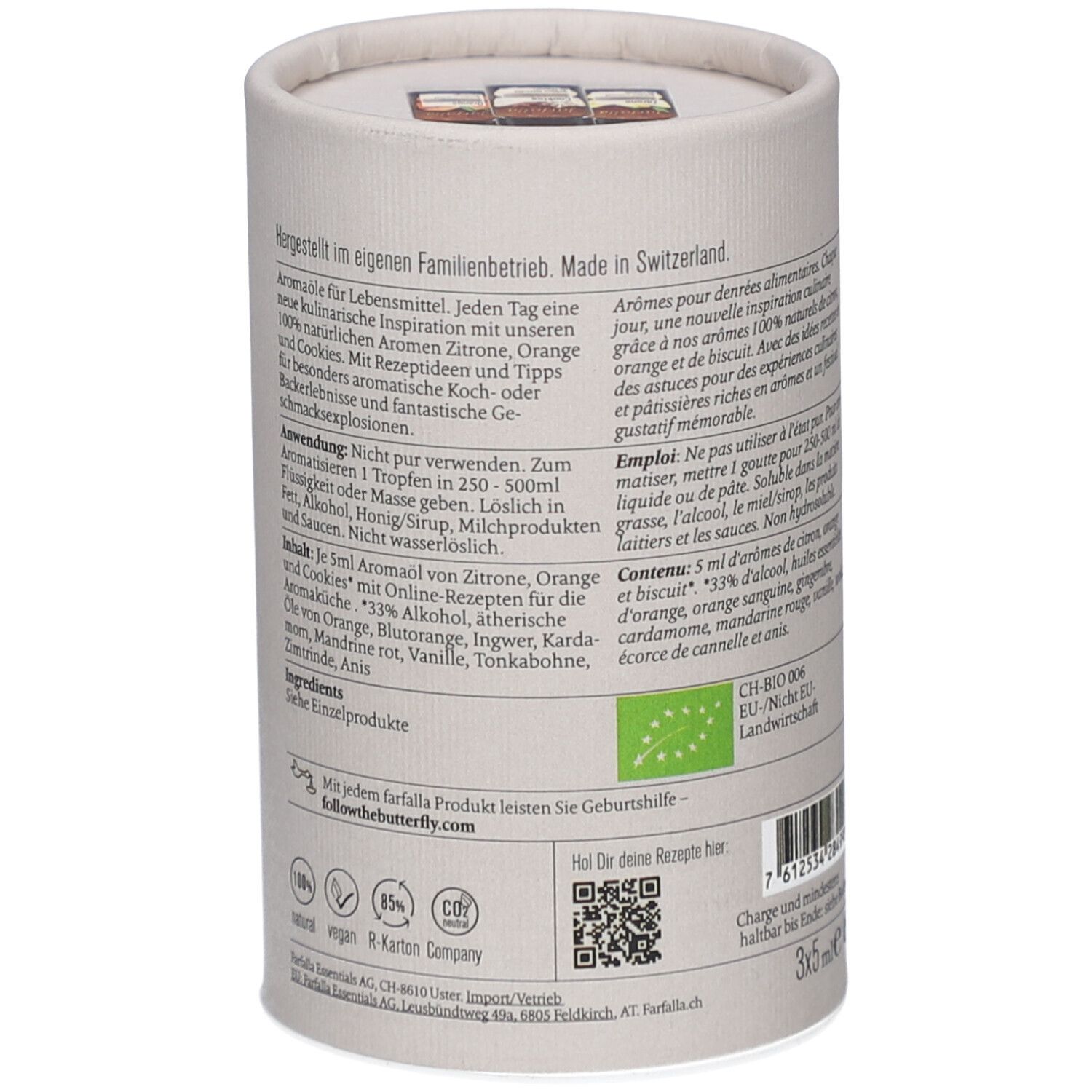 Ronde kartonnen verpakking, achterkant. Tekst en logo's. Opschrift: farfalla, bio-label, 3x5ml. Barcode.