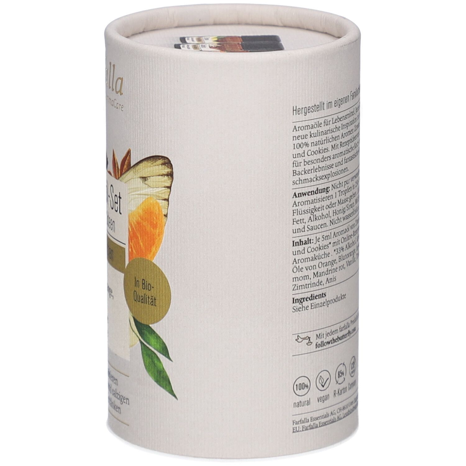 Ronde kartonnen verpakking, zijkant. Opschrift: farfalla AromaCare, Aroma-olie set. Bio-kwaliteit. Logo's.