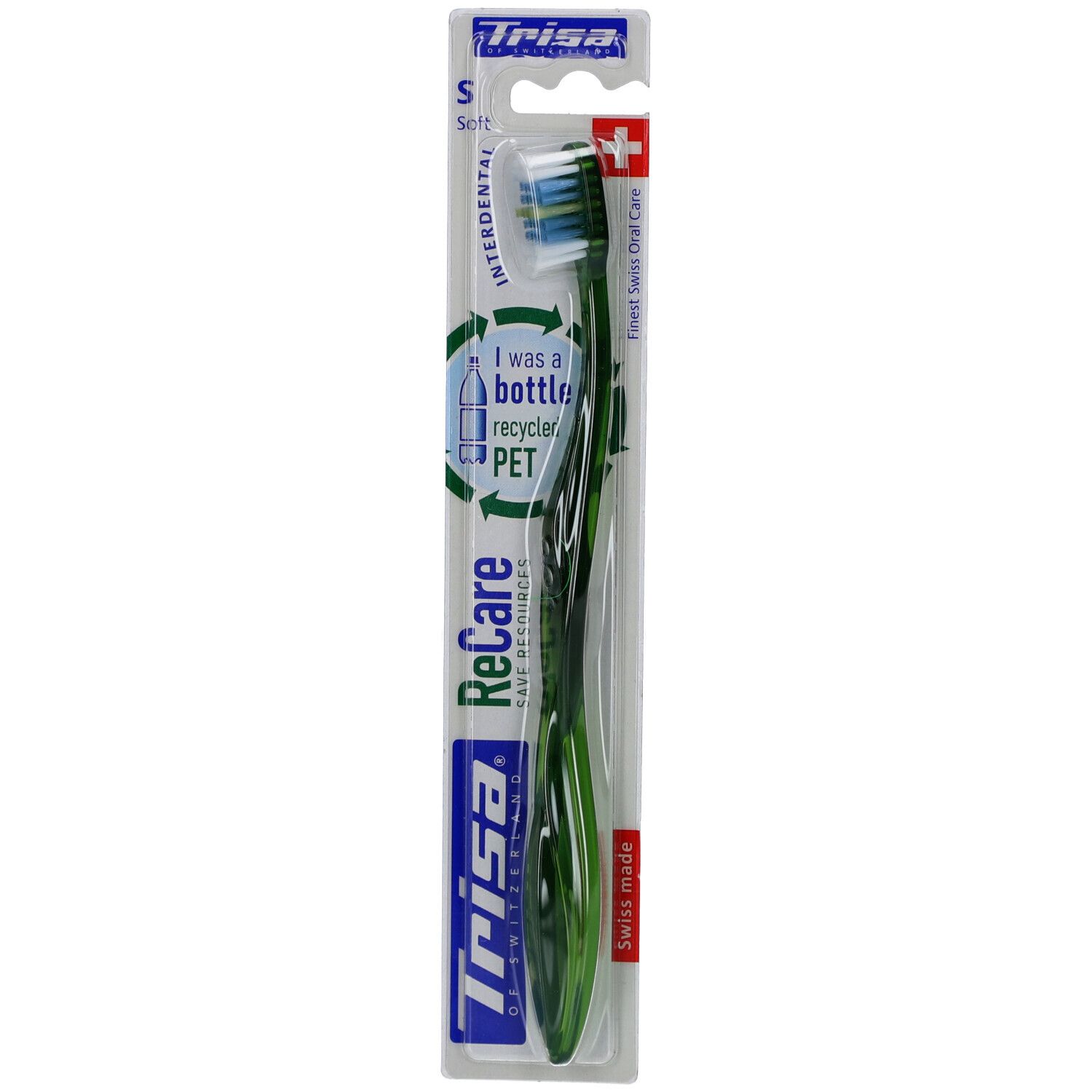 Brosse à dents verte, poils bleus et verts, emballage blister. Marque TRISA, modèle ReCare Soft. Tête interdentaire.