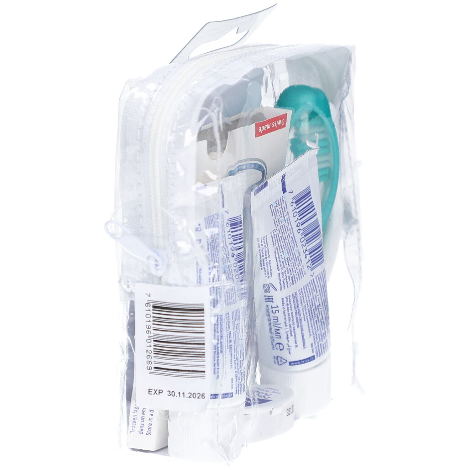 Reisset met tandpasta, tandenborstel, floss en kauwgom. Verpakt in een transparante tas. Houdbaar tot 30.11.2026.