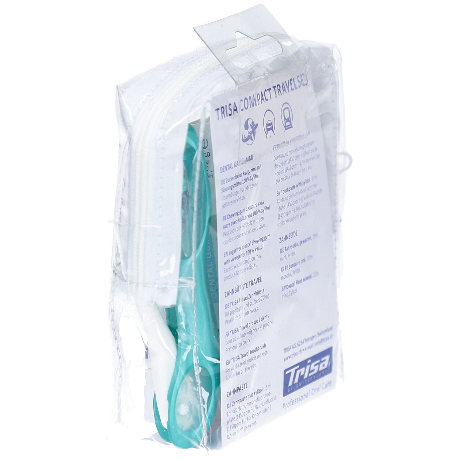 Reisset met tandenborstel, floss en kauwgom. Verpakt in een transparante tas. Merk: Trisa.