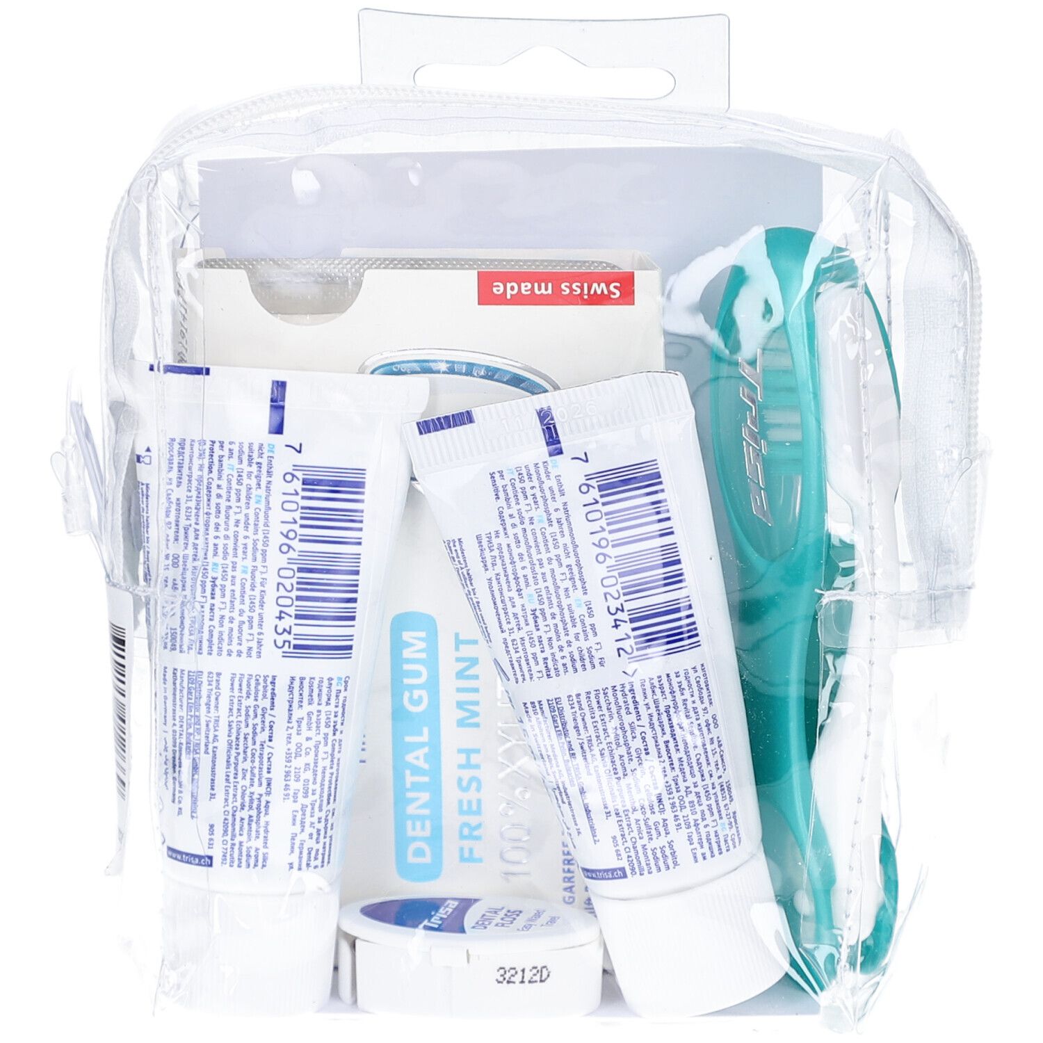 Reisset met tandpasta, tandenborstel, floss en kauwgom. Verpakt in een transparante tas. Swiss made.