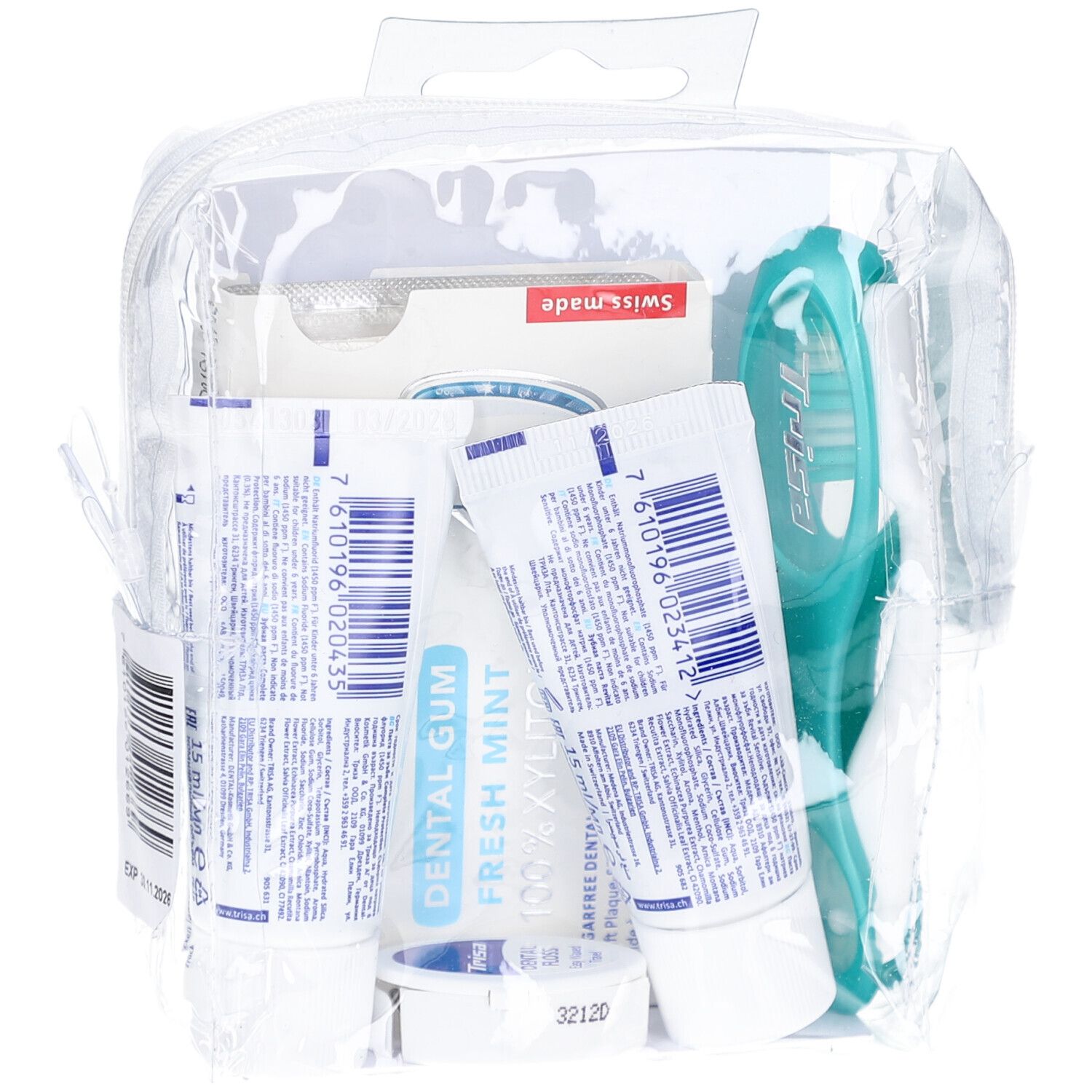 Reisset met tandpasta, tandenborstel, floss en kauwgom. Verpakt in een transparante tas. Swiss made.