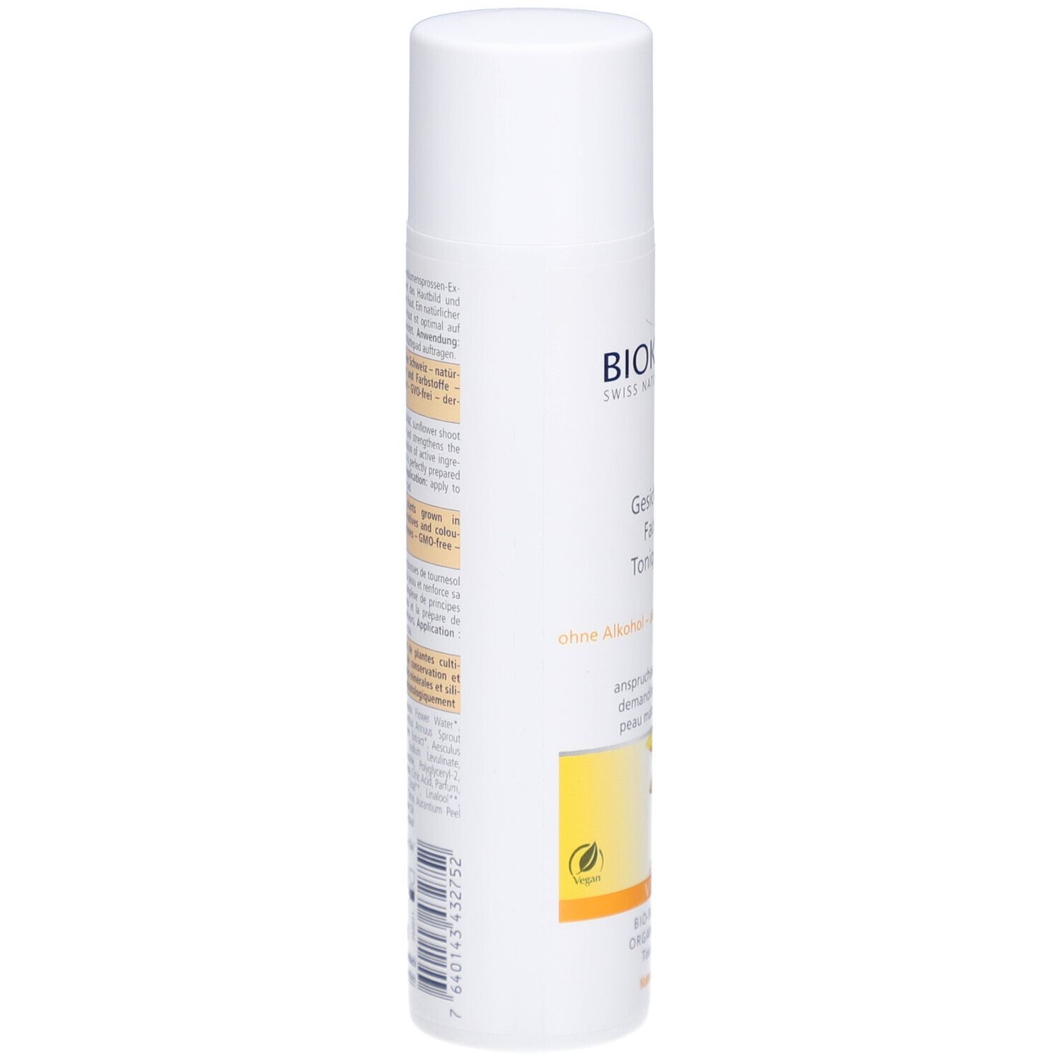 Flacon blanc, vue latérale. Étiquette avec texte et logos. Inscription: BIOKOSMA, Gesichtswasser, sans alcool. Illustration de tournesol.