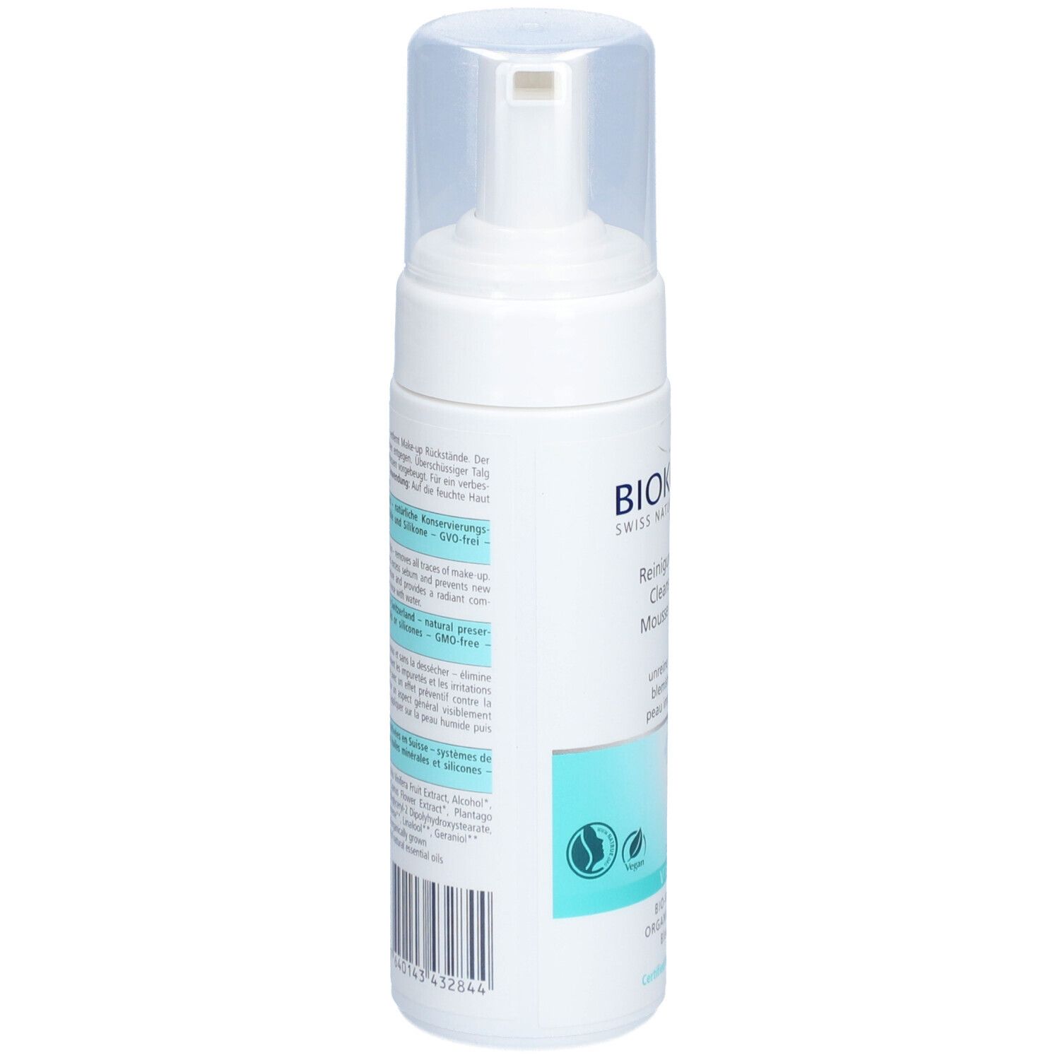 Flacon blanc avec texte et code-barres. Inscription: BIOKOSMA, mousse nettoyante. Accents turquoise. Croix suisse.