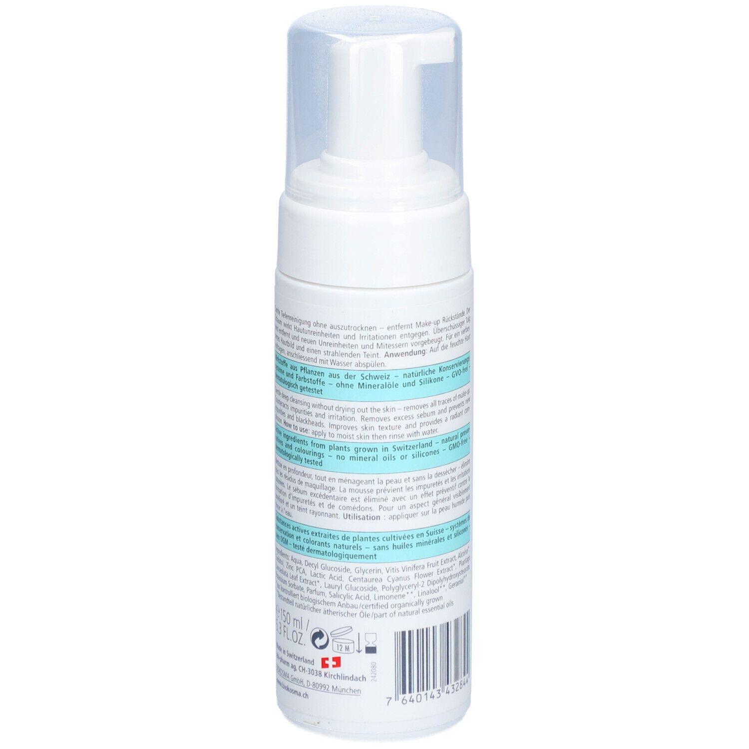 Flacon blanc avec texte. Inscription: BIOKOSMA, mousse nettoyante. Accents turquoise. Croix suisse. Ingrédients.