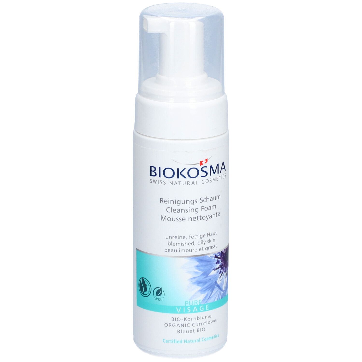 Flacon blanc avec bouchon transparent. Inscription: BIOKOSMA, Mousse nettoyante, pour peaux impures et grasses. Motif floral bleu.