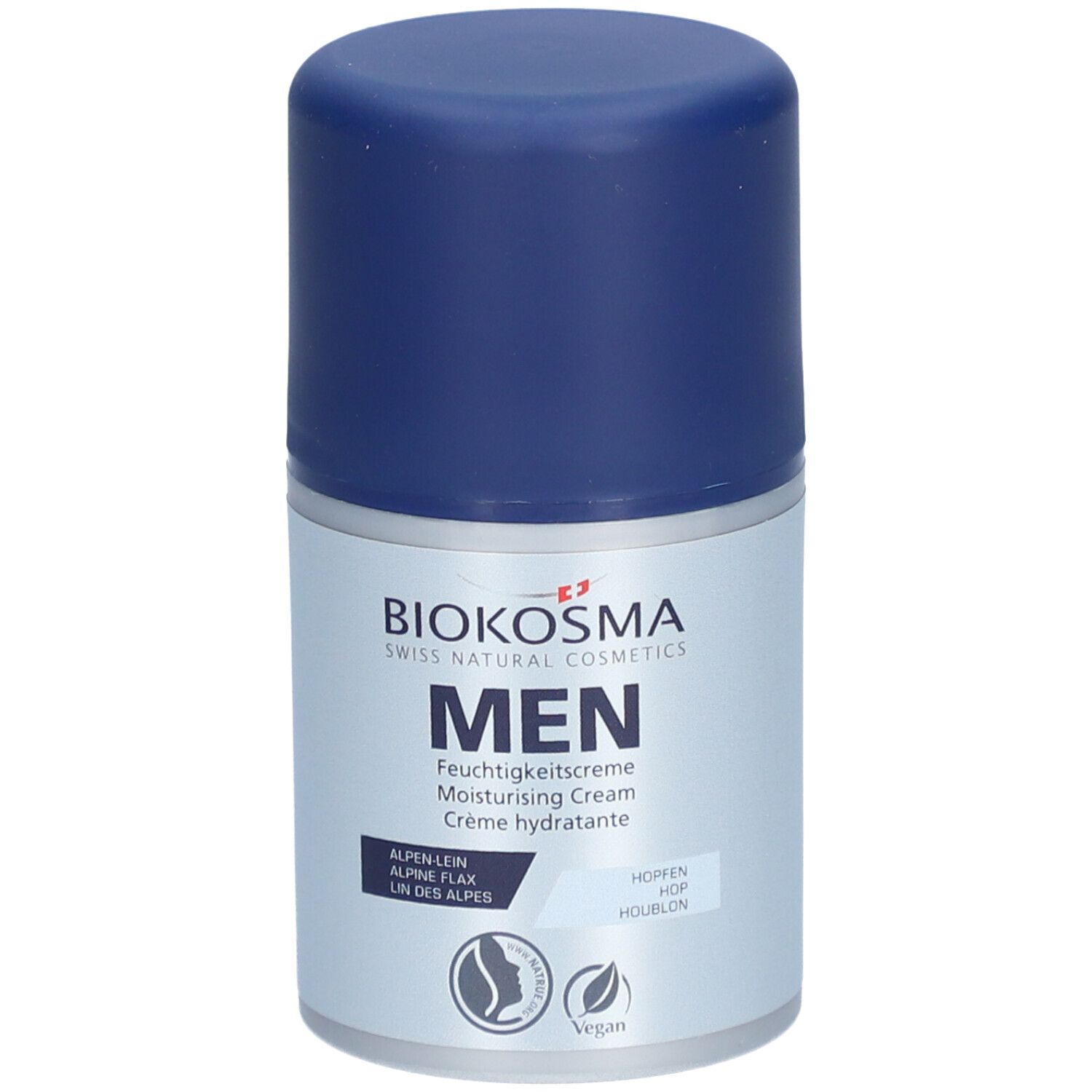 BIOKOSMA Men hydraterende crème. Blauwe dop, zilveren fles. Tekst: MEN, Alpine Flax, Hopfen. Vegan-label.
