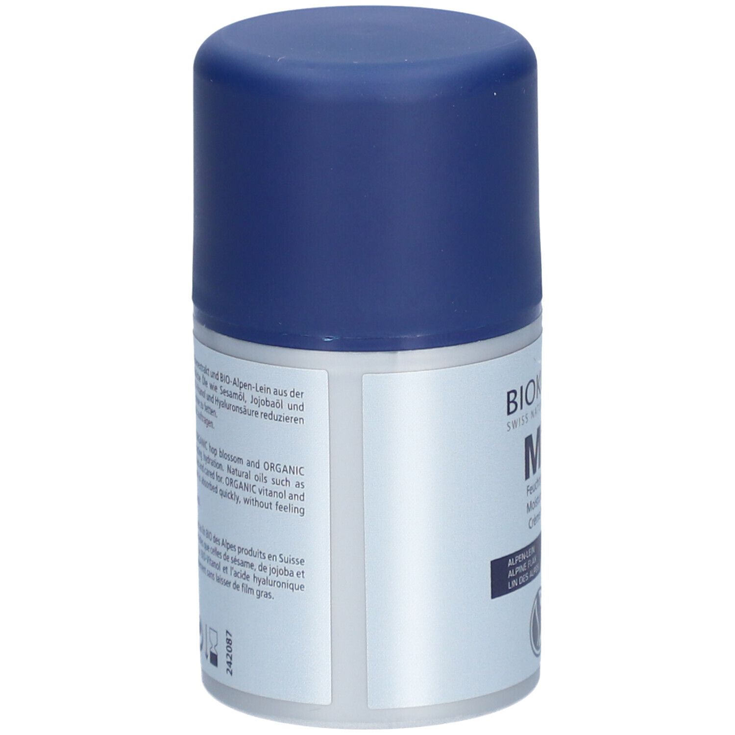 BIOKOSMA Men hydraterende crème. Achterkant fles. Tekst: BIO-Alpen-Lein, natuurlijke oliën, hyaluronzuur. Vegan.