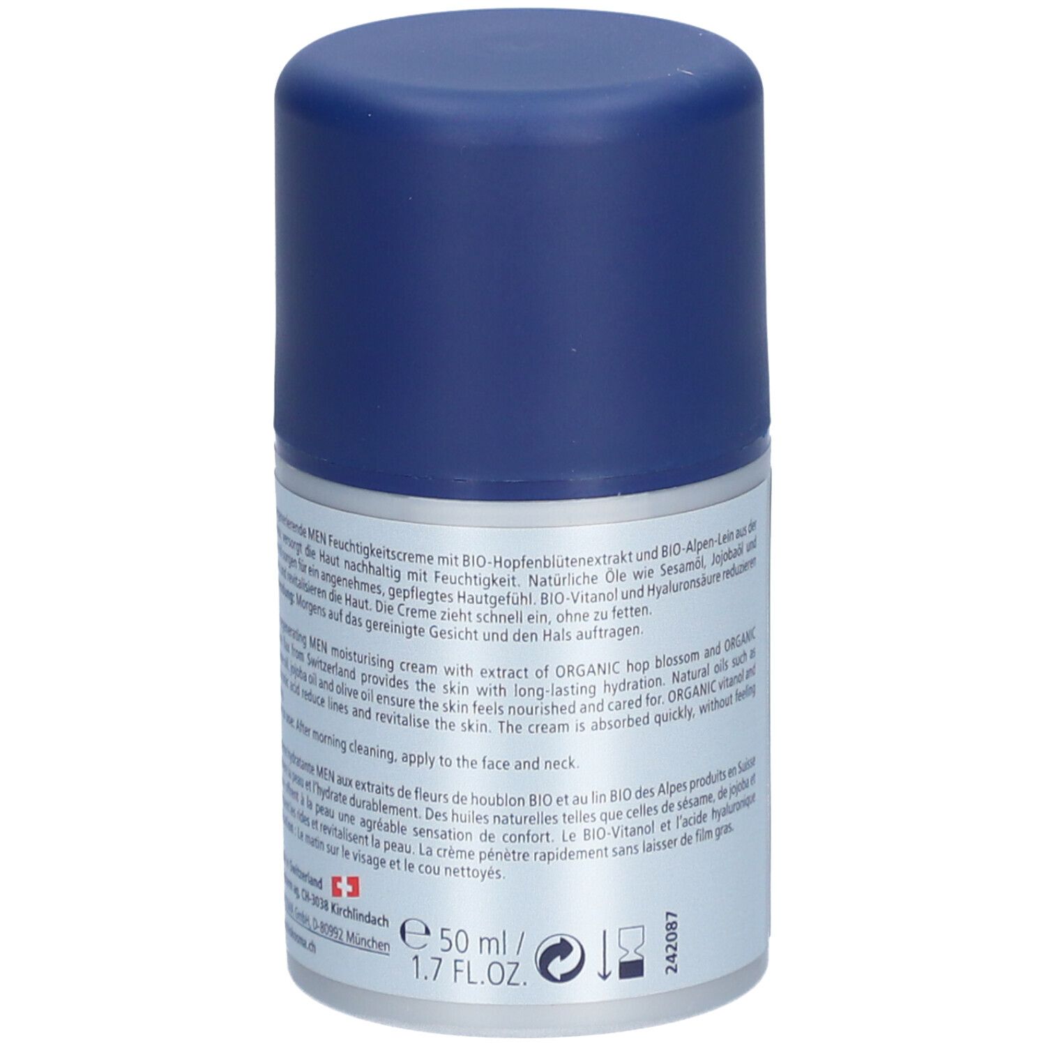 BIOKOSMA Men hydraterende crème. Fles met tekst. Tekst: 50 ml, 1.7 FL.OZ. Ingrediënten. Vegan-label.