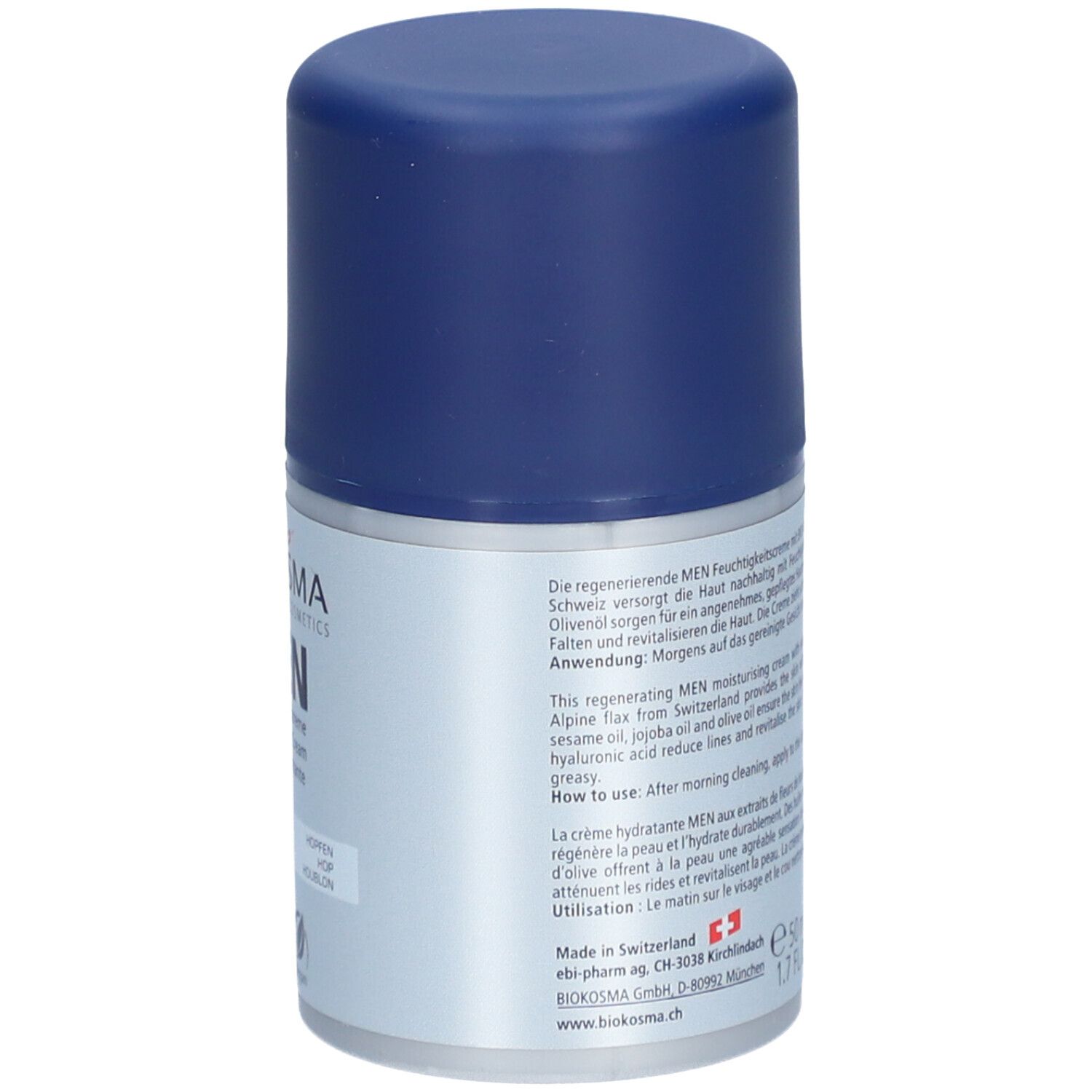 BIOKOSMA Men hydraterende crème. Fles met tekst. Tekst: Gebruik: Na reiniging. Vegan-label.