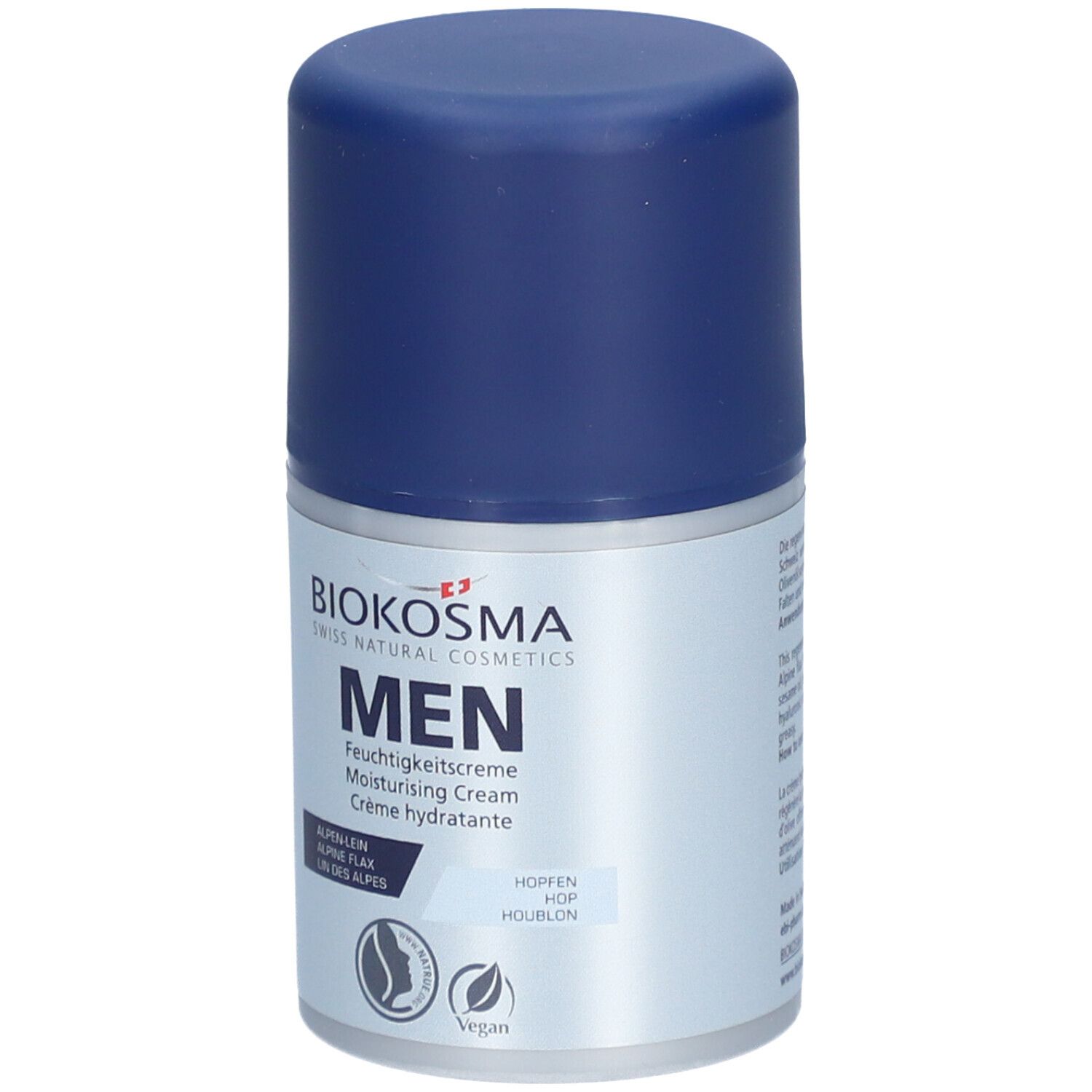 BIOKOSMA Men hydraterende crème. Blauwe dop, zilveren fles. Tekst: MEN, Alpine Flax, Hopfen. Vegan-label.