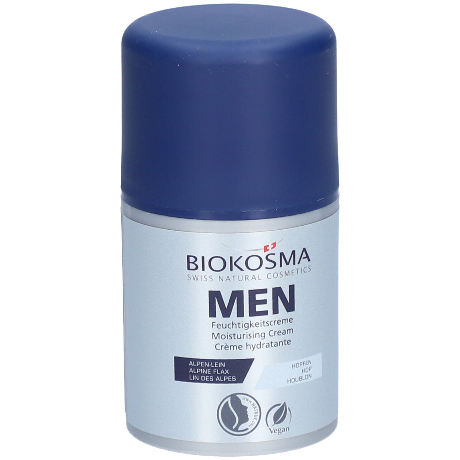 BIOKOSMA Men hydraterende crème. Blauwe dop, zilveren fles. Tekst: MEN, Alpine Flax, Hopfen. Vegan-label.