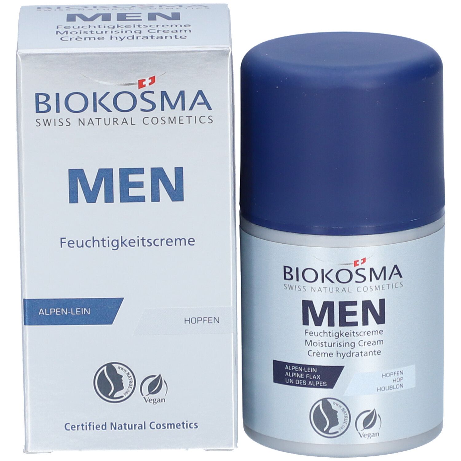 BIOKOSMA Men hydraterende crème en verpakking. Tekst: MEN, Alpine-Lein, Hopfen. Gecertificeerde natuurlijke cosmetica. Vegan.