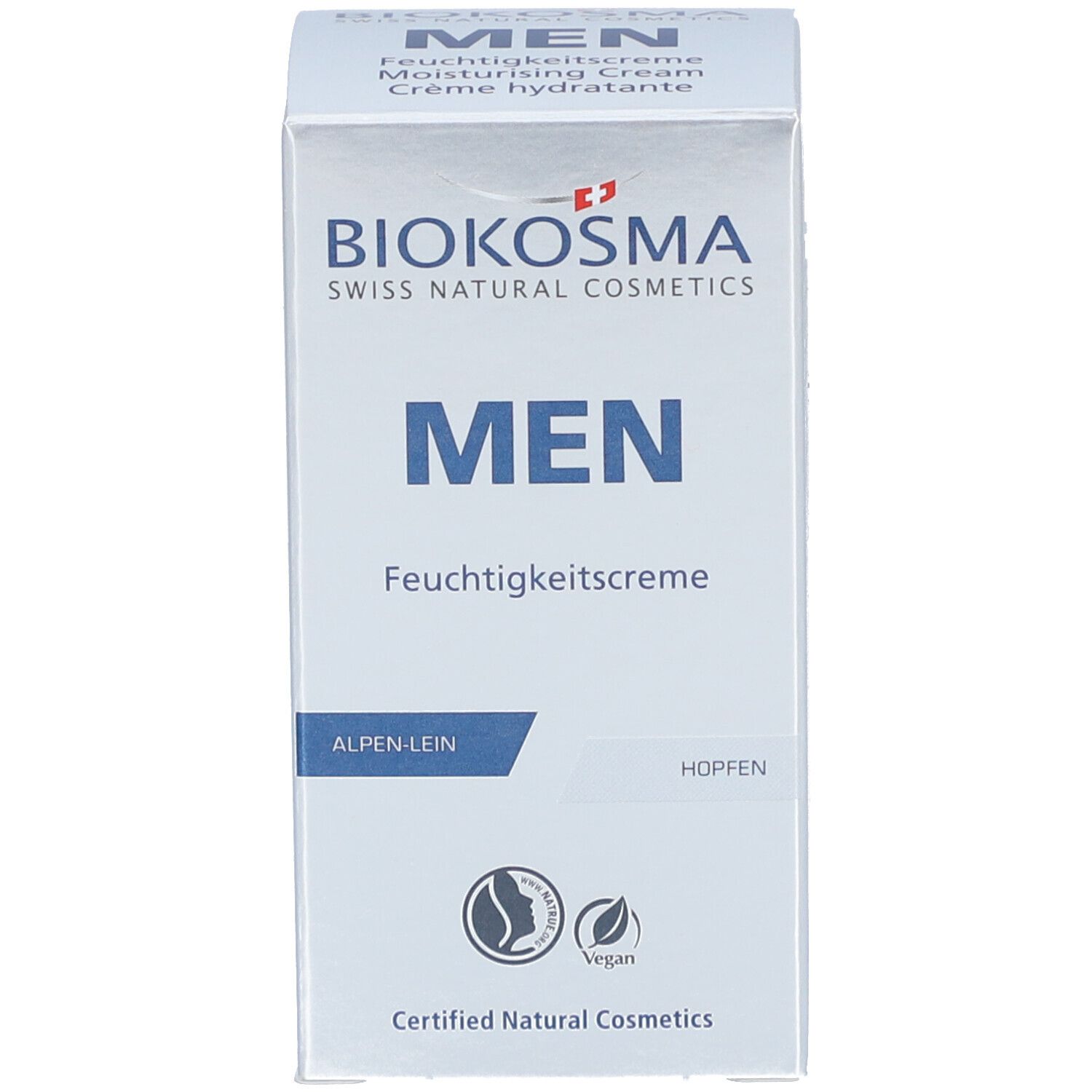 BIOKOSMA Men hydraterende crème verpakking. Tekst: MEN, Alpine-Lein, Hopfen. Gecertificeerde natuurlijke cosmetica. Vegan.