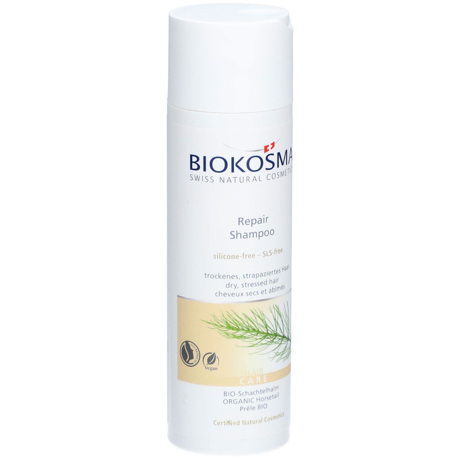 Flacon de shampooing blanc avec logo BIOKOSMA et Repair Shampoo. Label vegan et illustration.