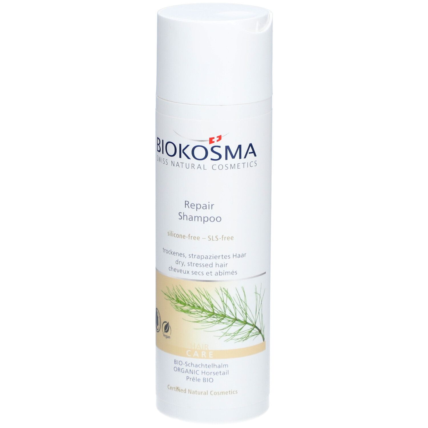 Flacon de shampooing blanc avec logo BIOKOSMA et Repair Shampoo. Label vegan et illustration.