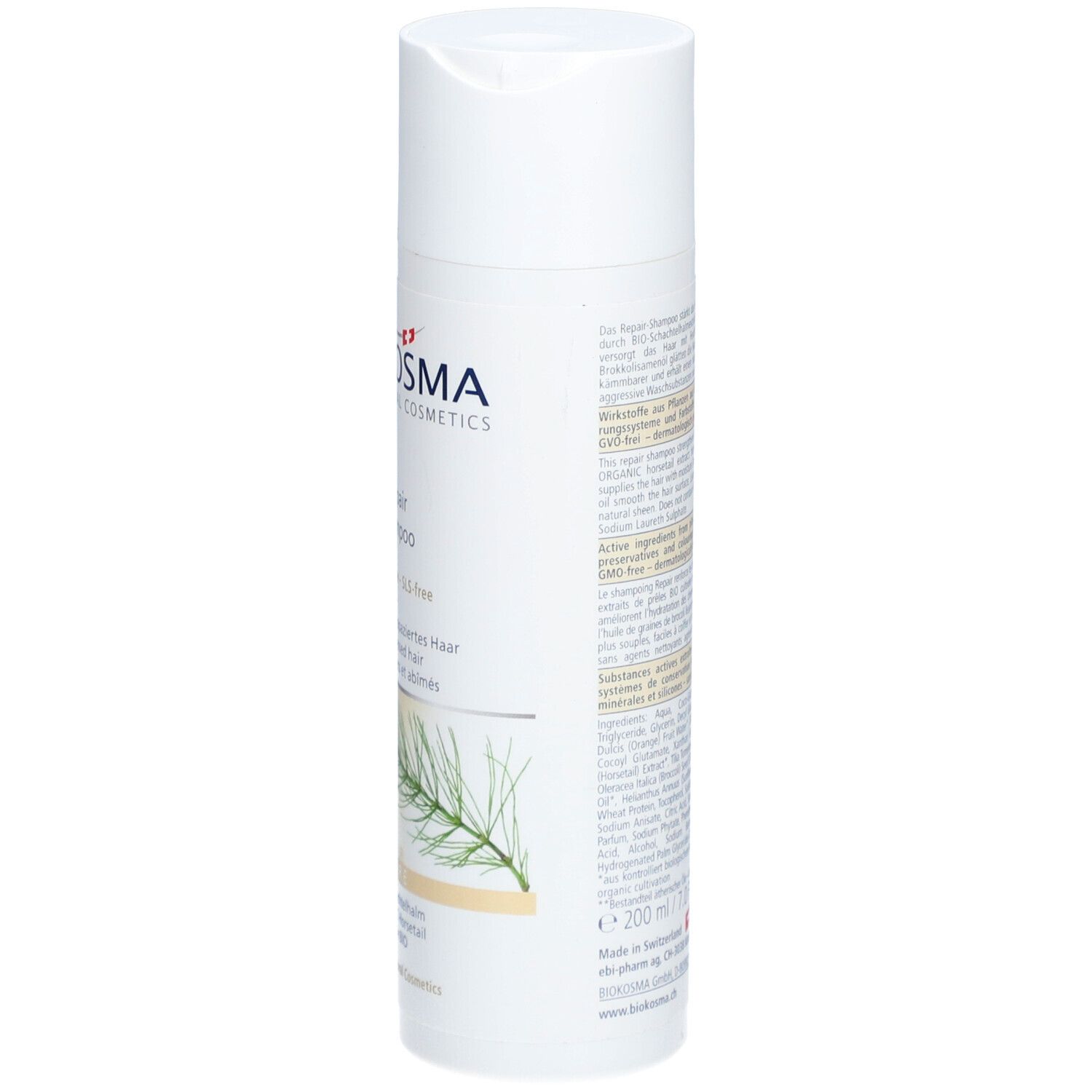 Flacon de shampooing blanc, côté avec texte. Logo BIOKOSMA, Repair Shampoo, volume. Label vegan.