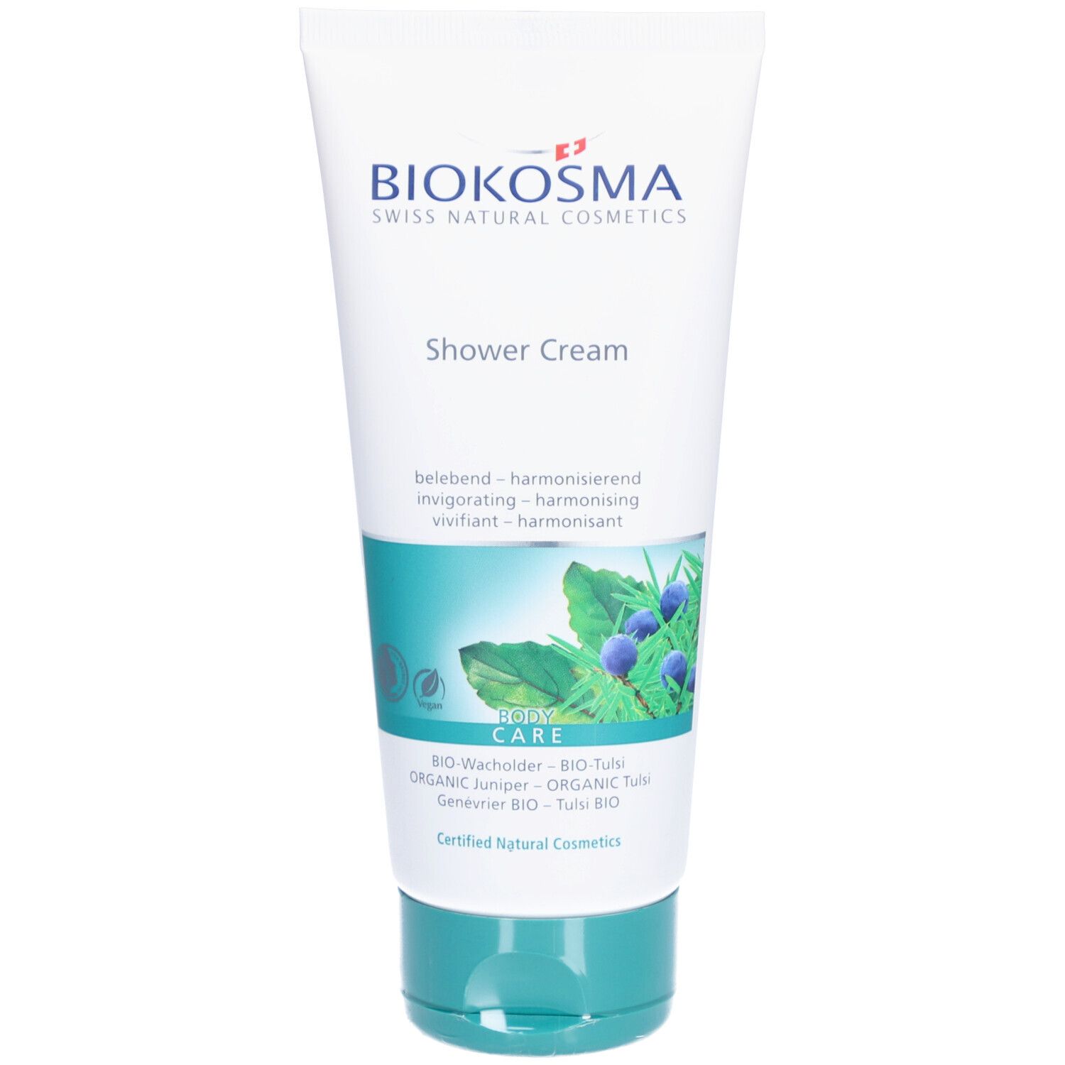 Tube Biokosma Shower Cream. Wit, turquoise dop. Opschriften en illustraties.