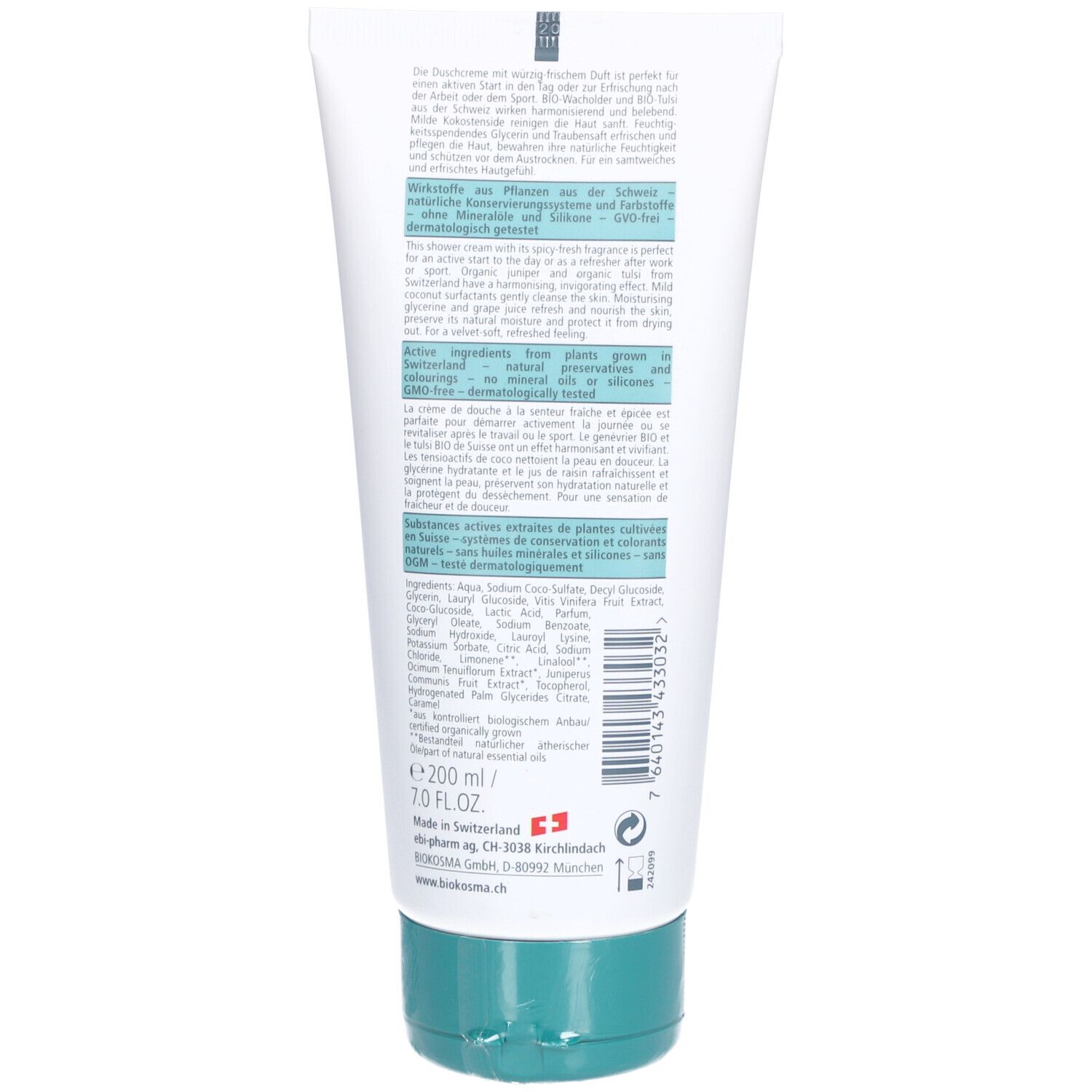 Achterkant tube Biokosma Shower Cream. Tekst, ingrediënten, volume-aanduiding 200 ml.