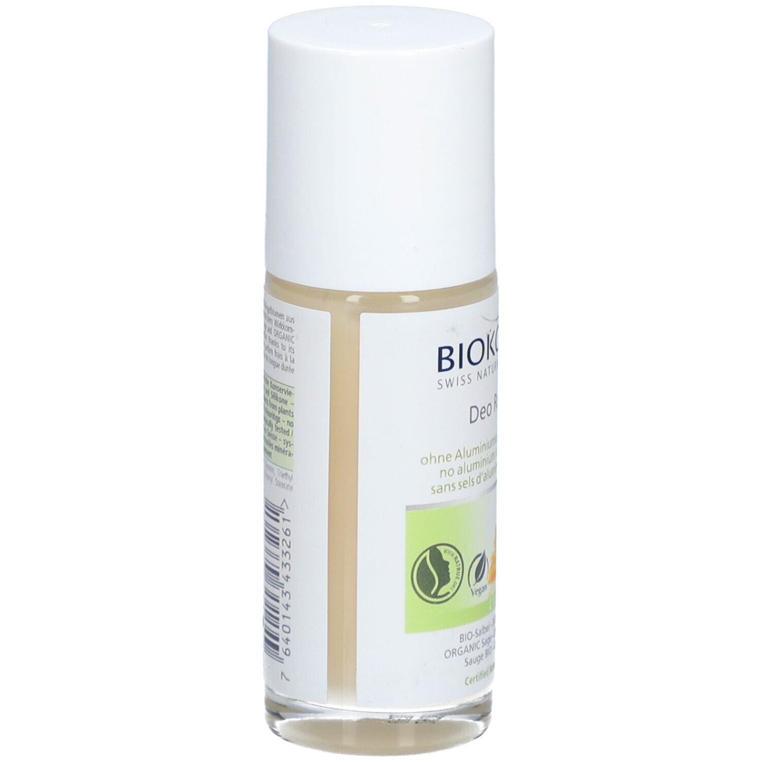 Achterkant van de Deo Roll-on. Transparante fles met tekst. Vegan-keurmerk en afbeelding van kruiden en bloem.