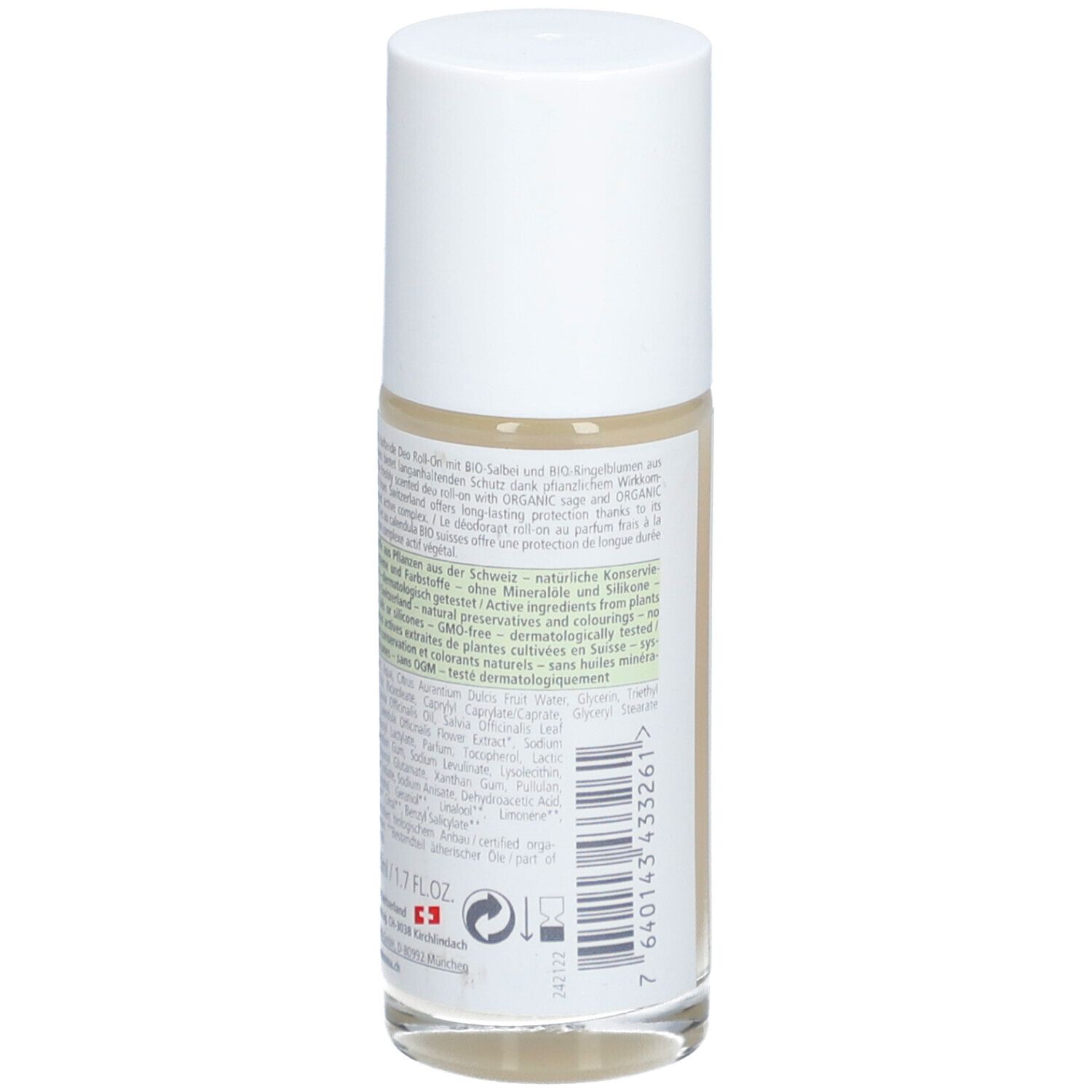 Achterkant van de Deo Roll-on. Tekst op transparante fles. Vegan-keurmerk en illustratie kruiden en bloemen.