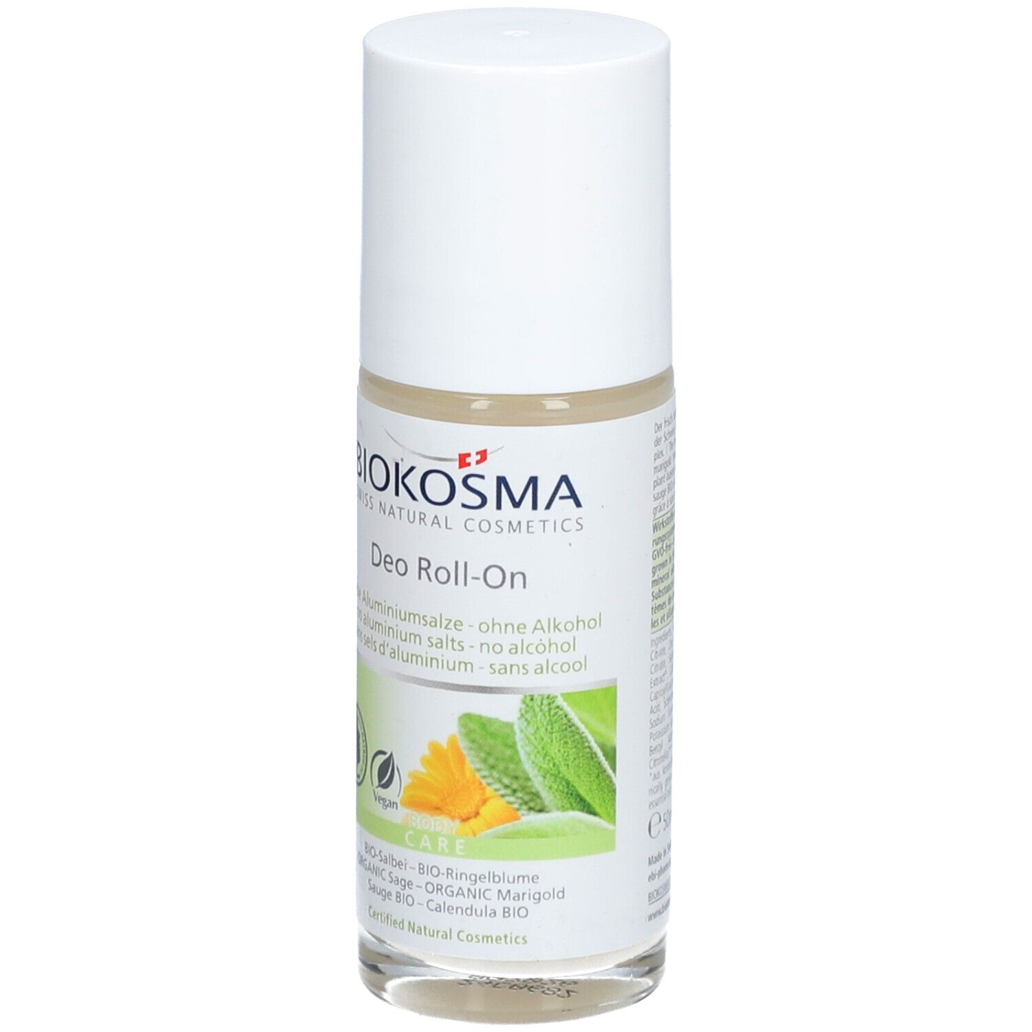 Deo Roll-on van BIOKOSMA. Witte dop, transparante fles. Opschrift: zonder aluminiumzouten, zonder alcohol. Vegan-keurmerk.