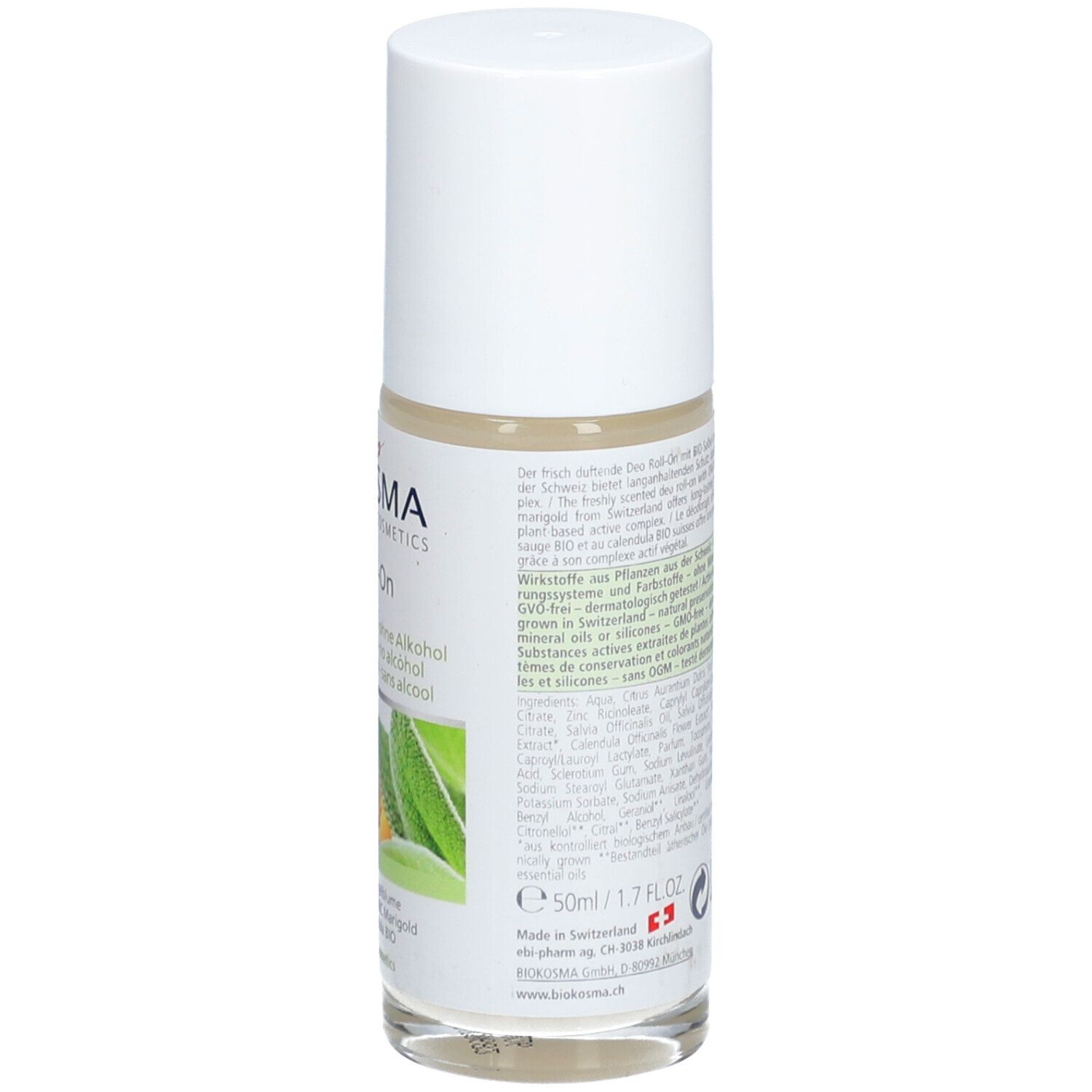 Achterkant van de Deo Roll-on. Tekst op transparante fles. Vegan-keurmerk en illustratie kruiden en bloemen.