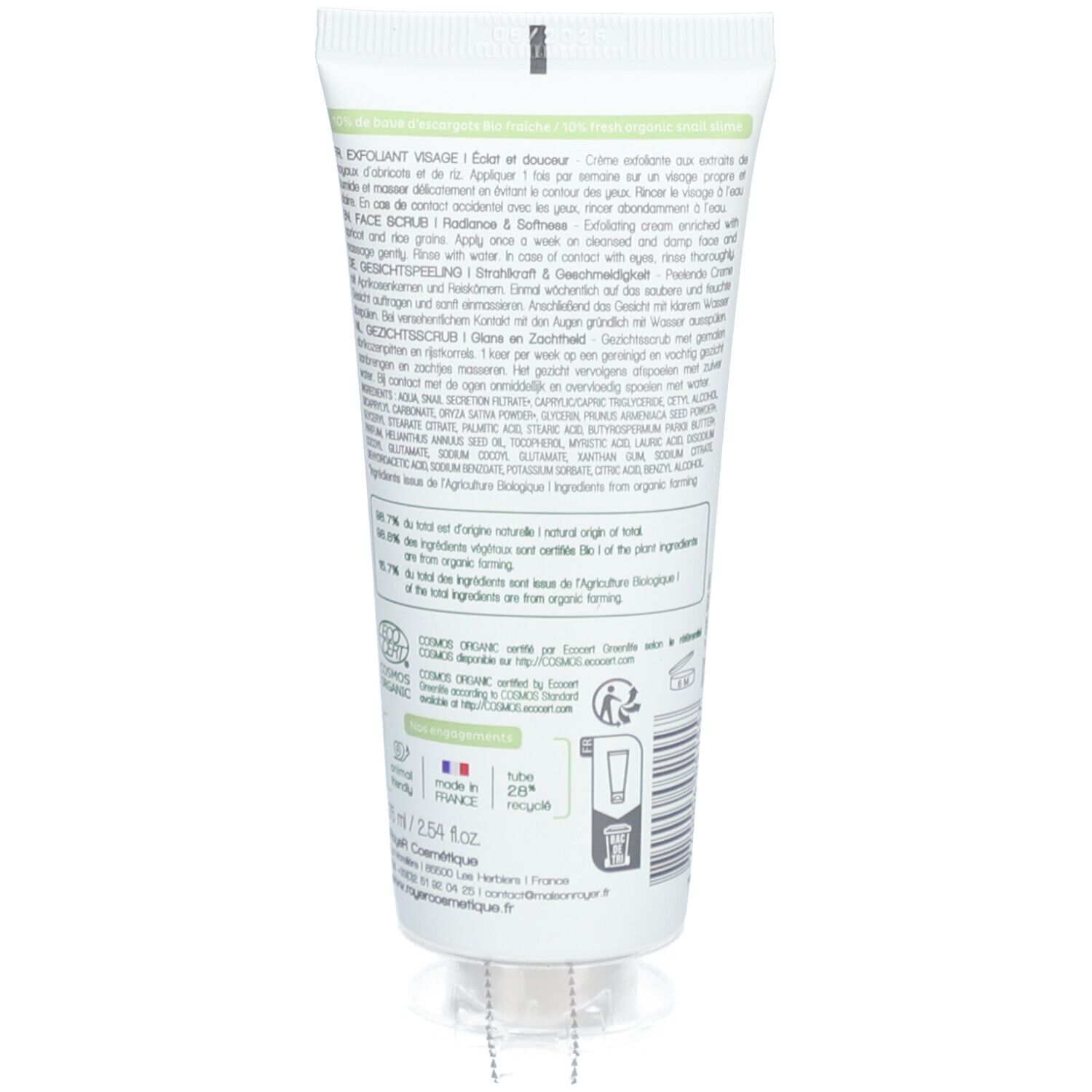 Dos du tube. Texte en plusieurs langues. Ingrédients et certifications.