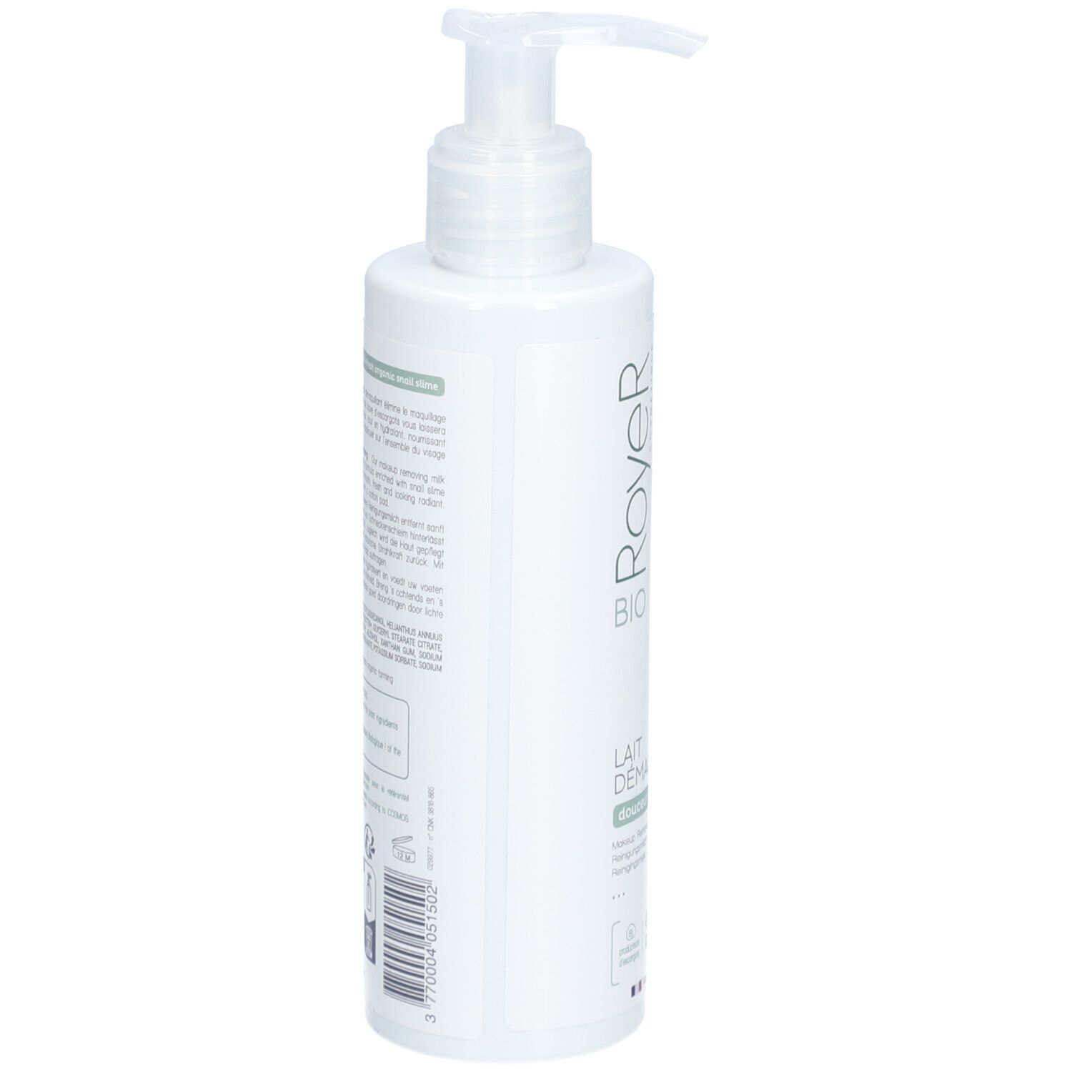 Flacon blanc avec pompe. Texte au dos. Logo Royer Bio. Certifications et code-barres.