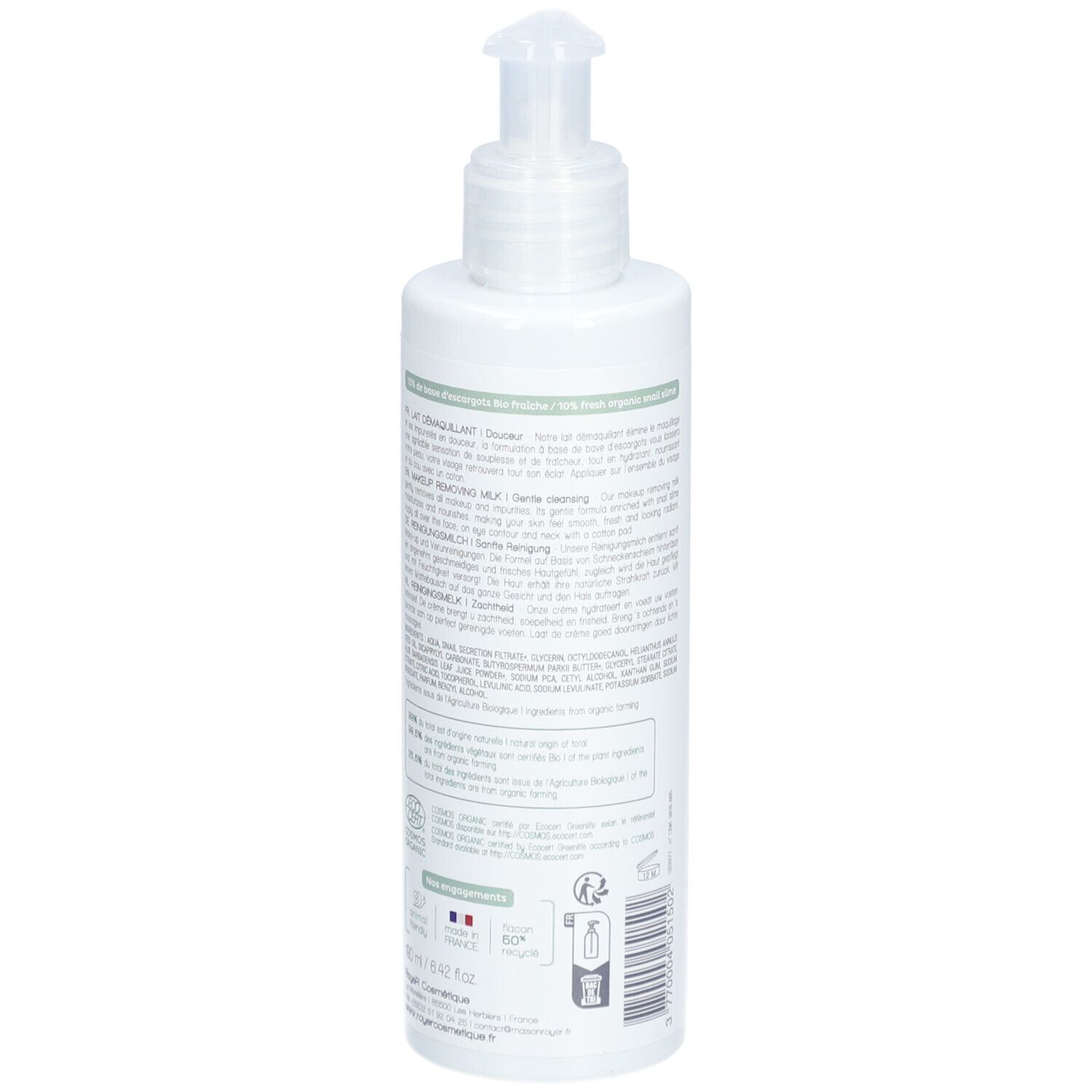 Flacon blanc avec pompe. Texte au dos. Logo Royer Bio. Certifications et code-barres.