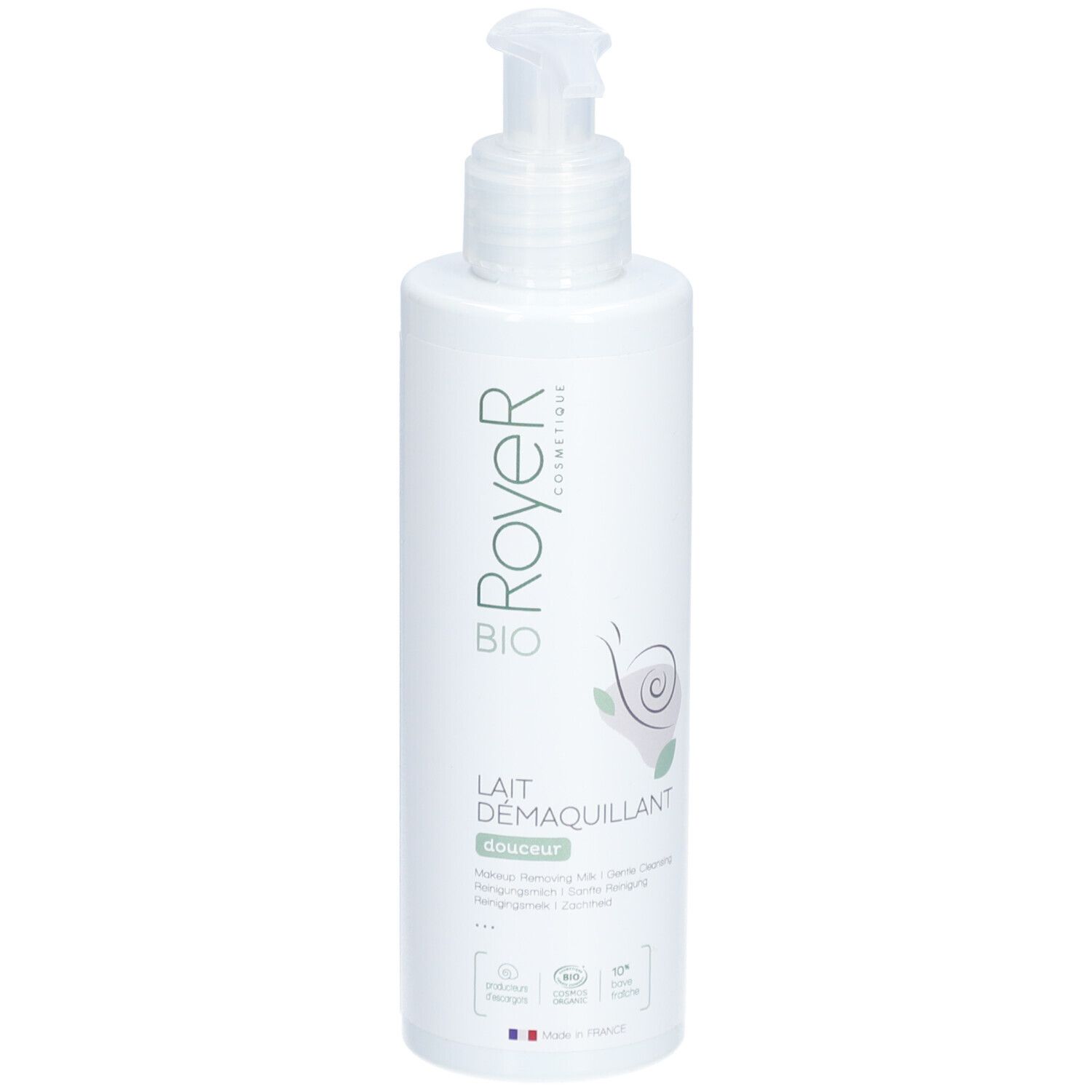 Flacon blanc avec pompe. Inscription: Royer Bio, Lait Demaquillant. Logo d'escargot et certifications.