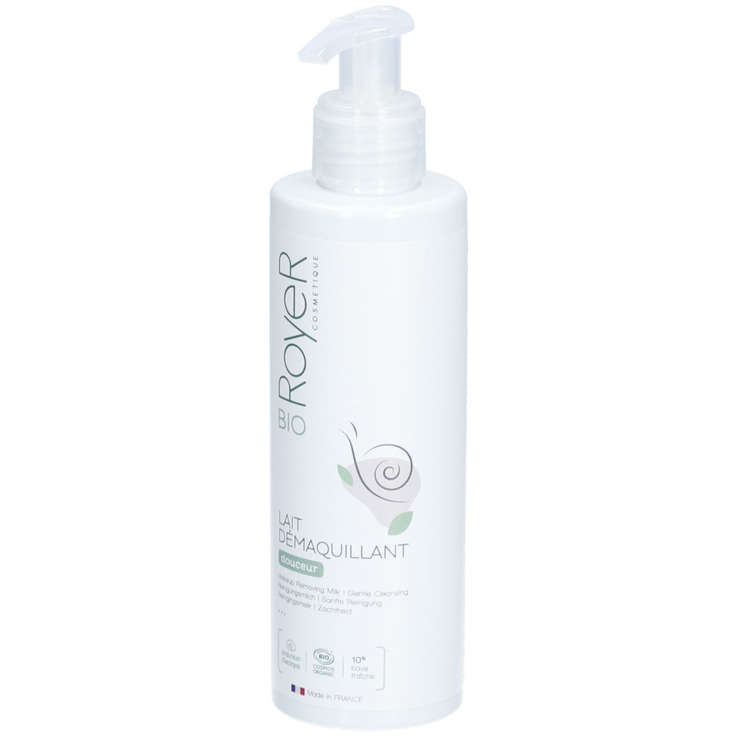 Flacon blanc avec pompe. Inscription: Royer Bio, Lait Demaquillant. Logo d'escargot et certifications.