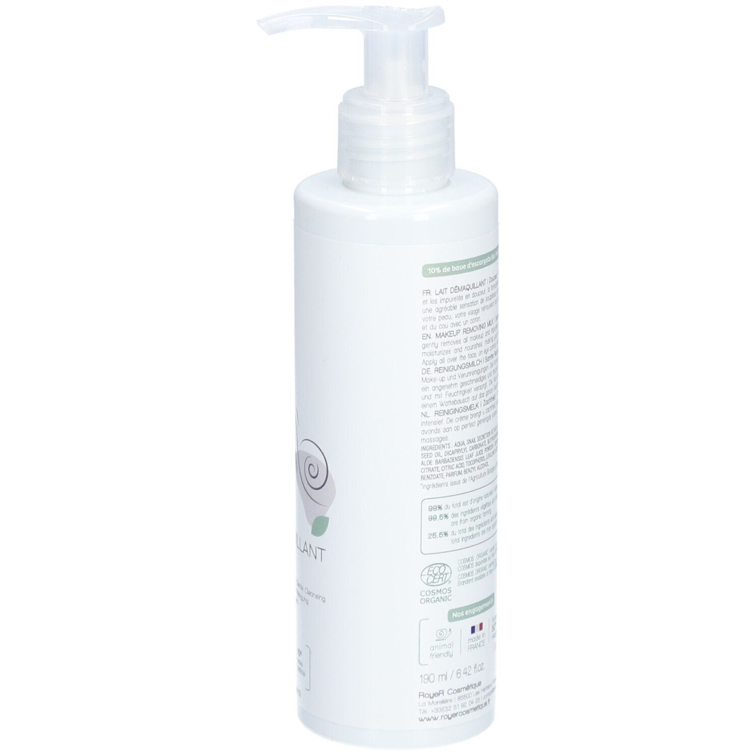 Flacon blanc avec pompe. Texte au dos. Logo Royer Bio. Certifications et code-barres.