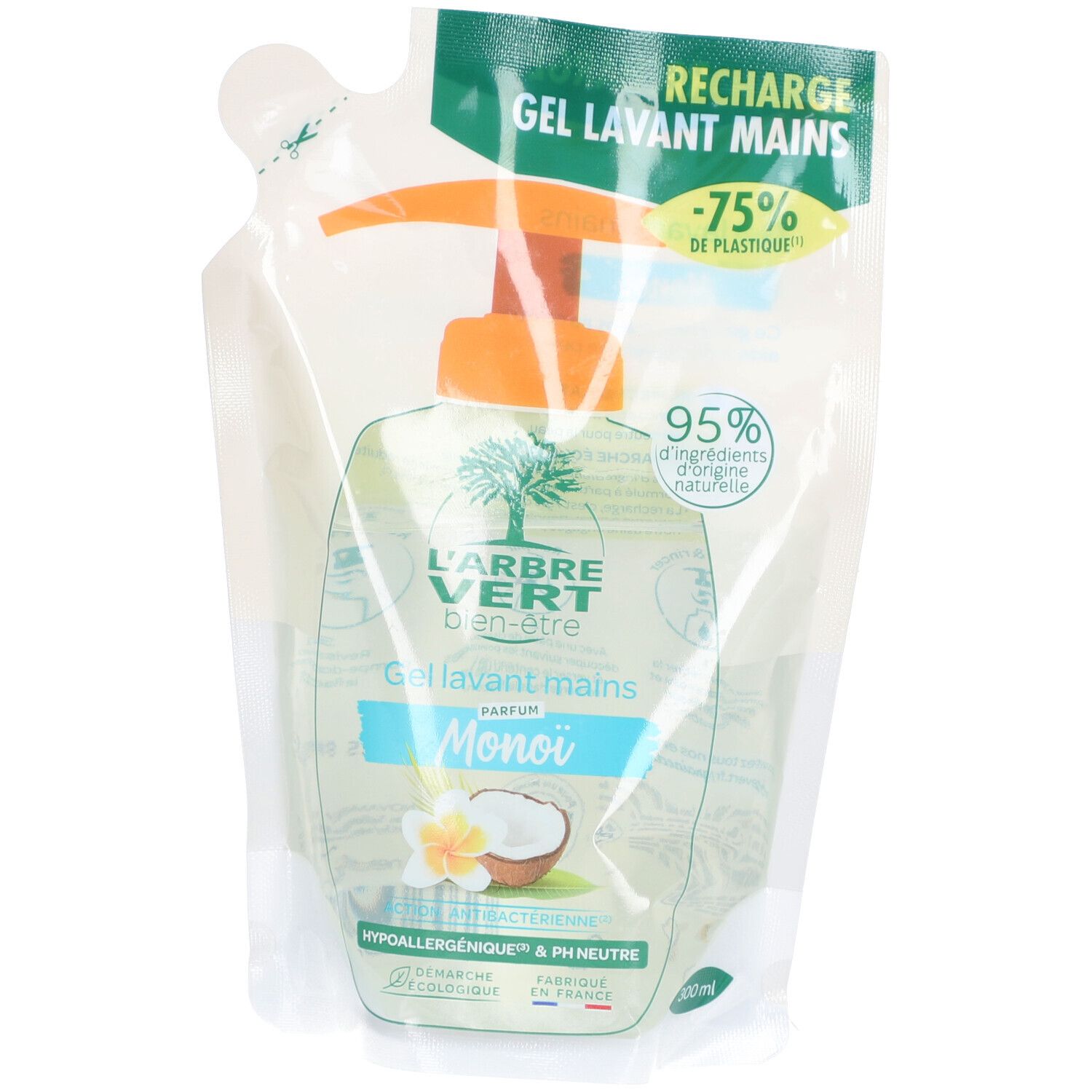 Recharge de gel lavant mains. Emballage transparent avec étiquette verte. Inscription : L'ARBRE VERT, Monoï, 95% ingrédients naturels.