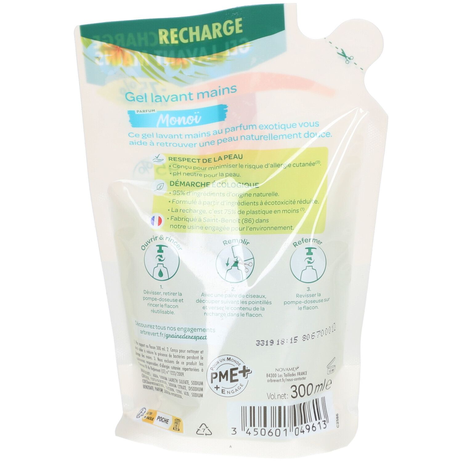 Dos de la recharge. Texte en français. Contient des informations sur les ingrédients et la marque L'ARBRE VERT.