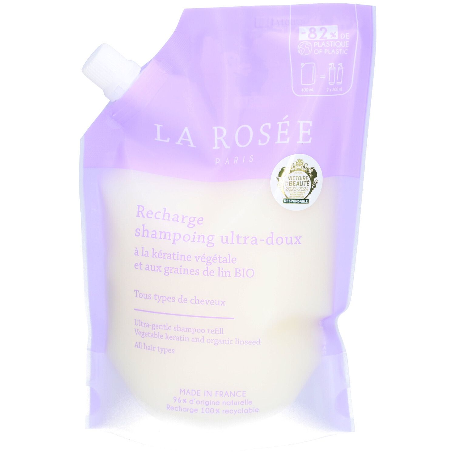 Recharge de shampooing La Rosée. Sachet violet avec bouchon blanc. Texte: Recharge shampooing ultra-doux, 82% recyclable.
